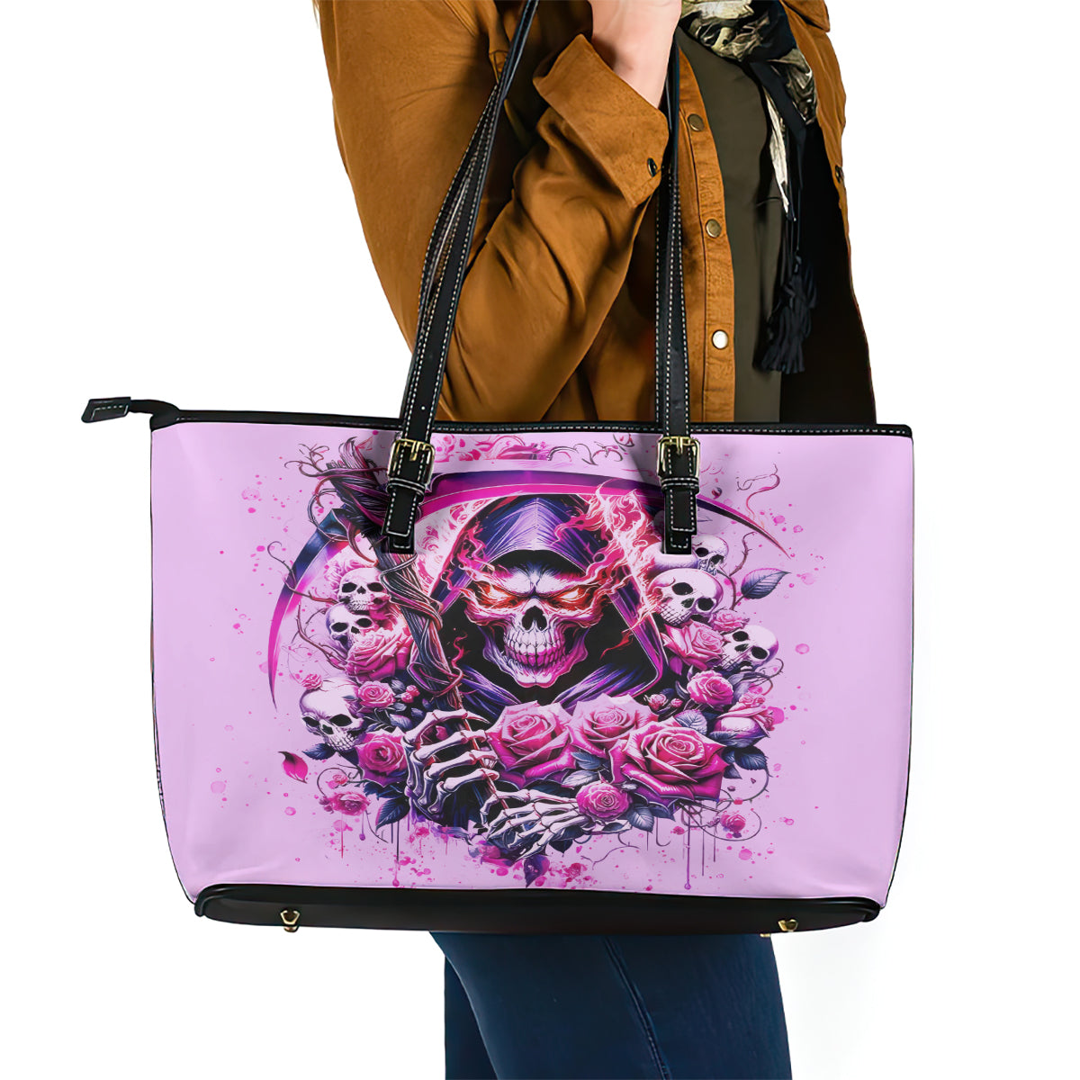 Reaper Skull Leather Tote Bag Warning This Tattooed Girl Doesn't Play Well With Stupid People DT01
