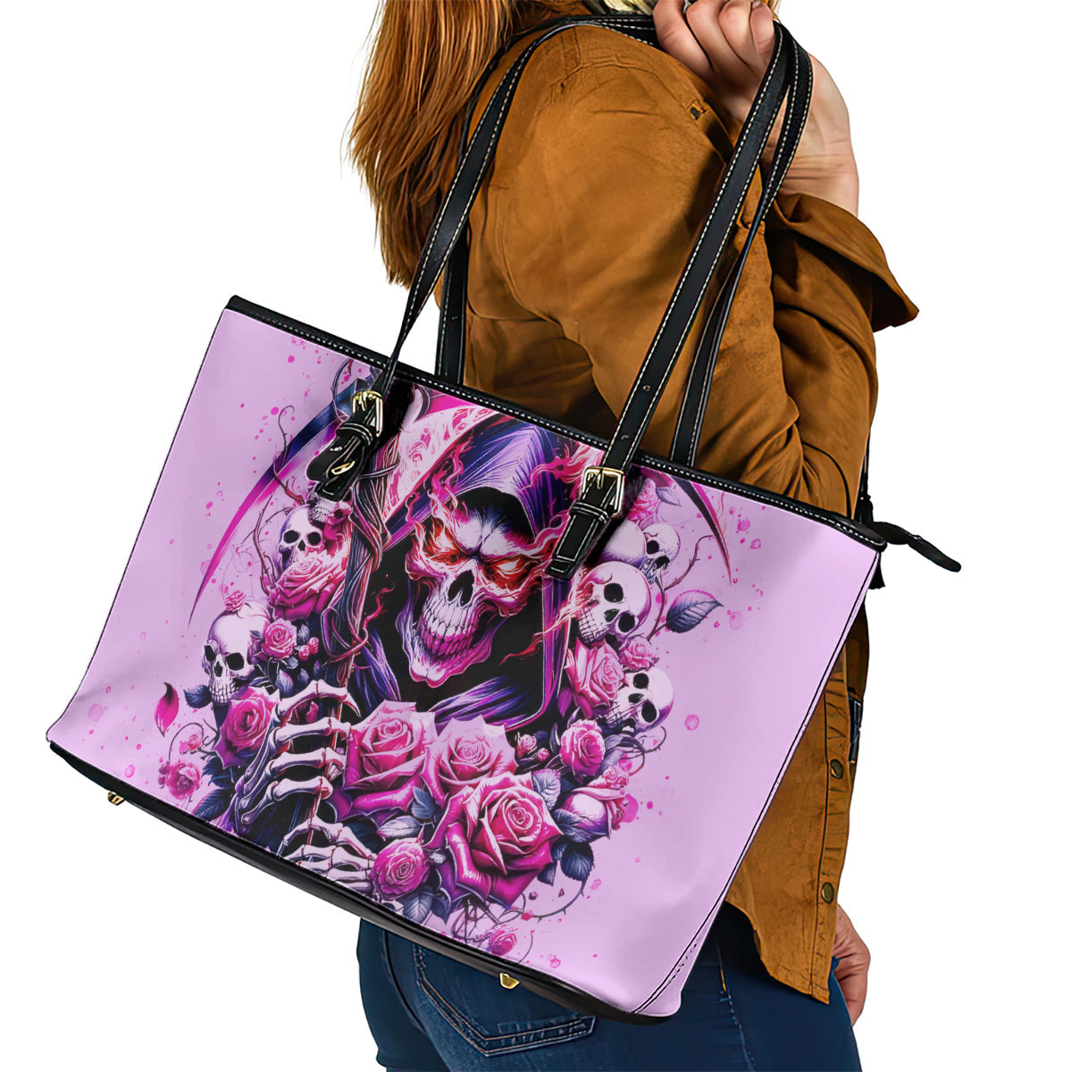 Reaper Skull Leather Tote Bag Warning This Tattooed Girl Doesn't Play Well With Stupid People DT01