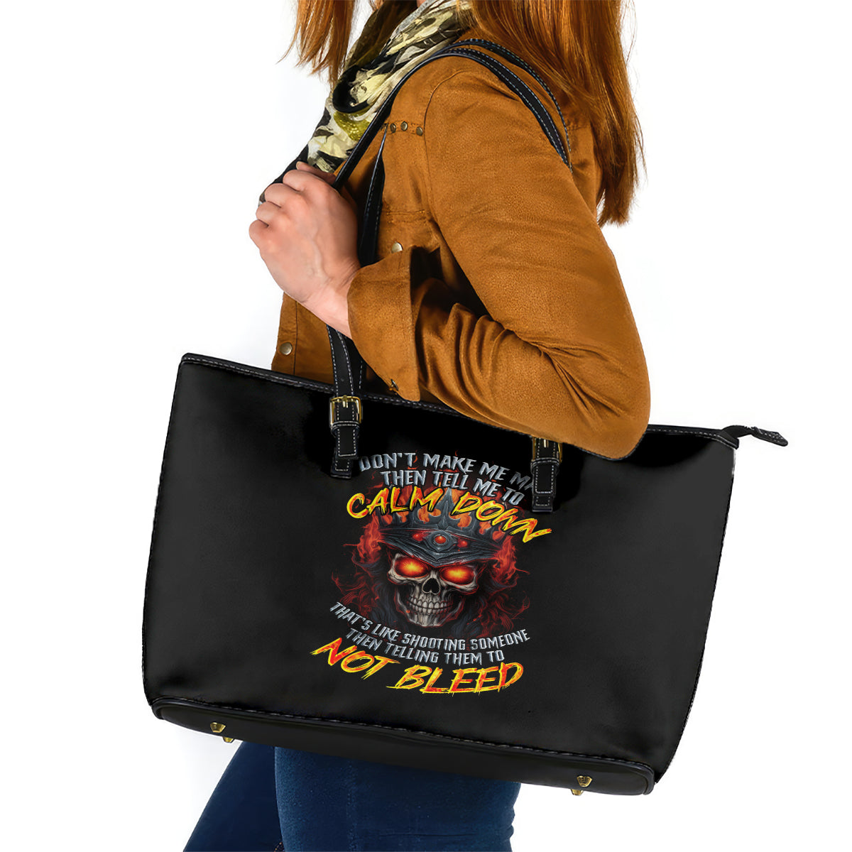 King Skull Leather Tote Bag Don't Make Me Mad Then Tell Me To Calm Down DT01