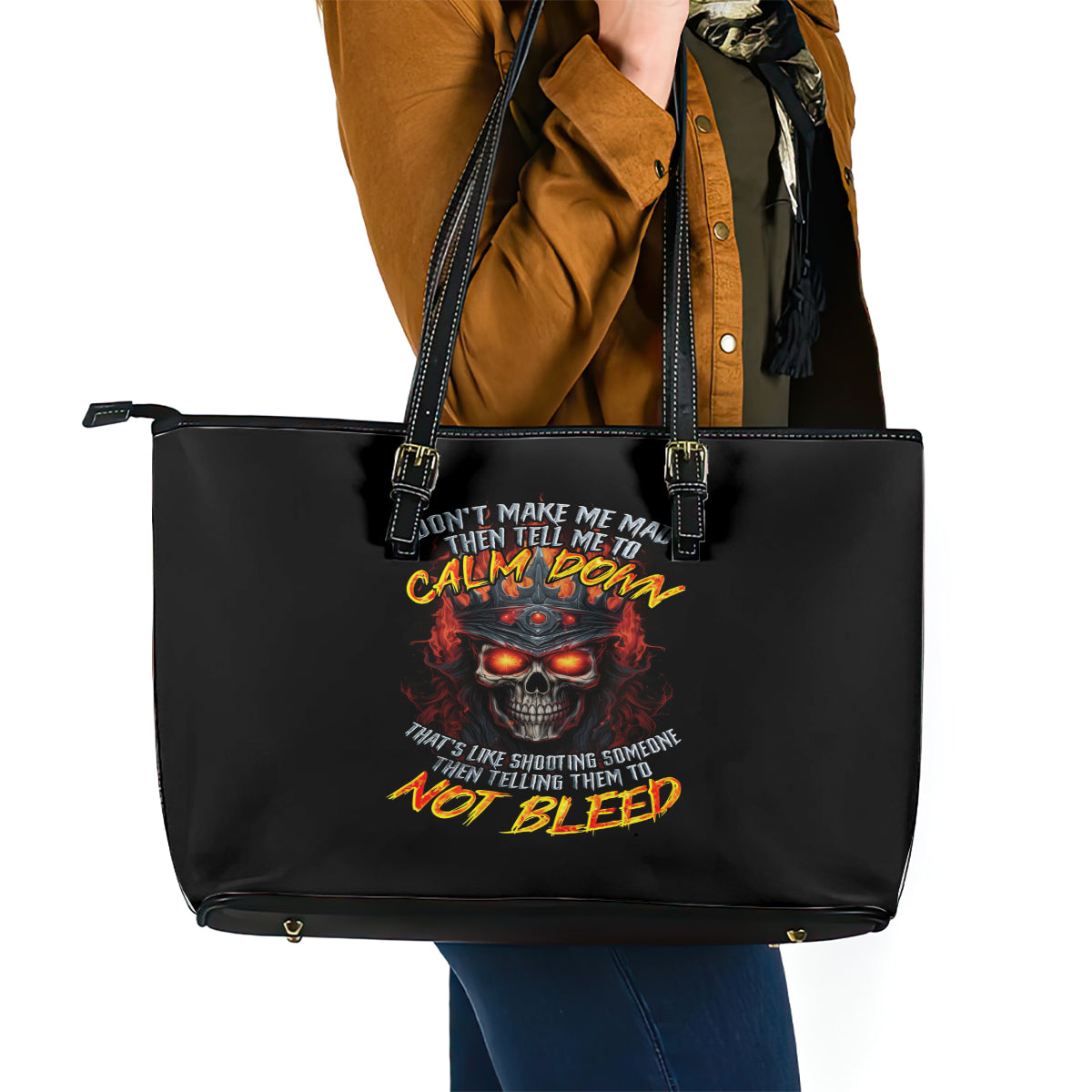 King Skull Leather Tote Bag Don't Make Me Mad Then Tell Me To Calm Down DT01