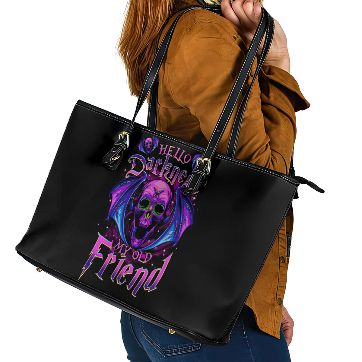 Bat Skull Leather Tote Bag Bat Skull Hello Darkness My Old Friend DT01
