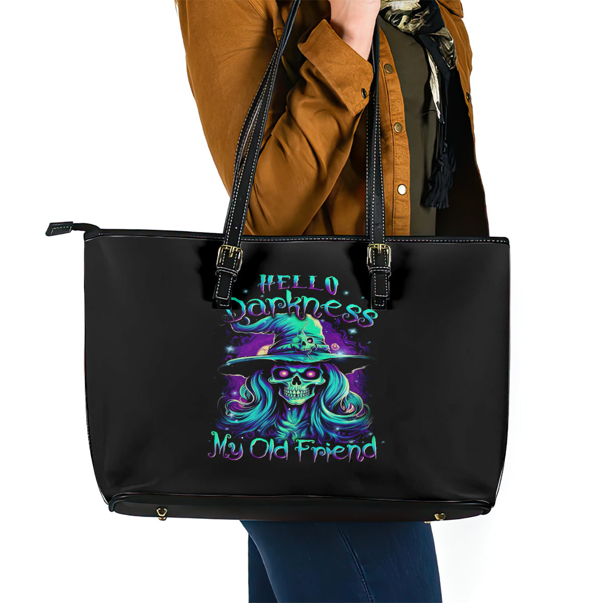 Witch Skull Leather Tote Bag Skull Witch Hello Darkness My Old Friend DT01