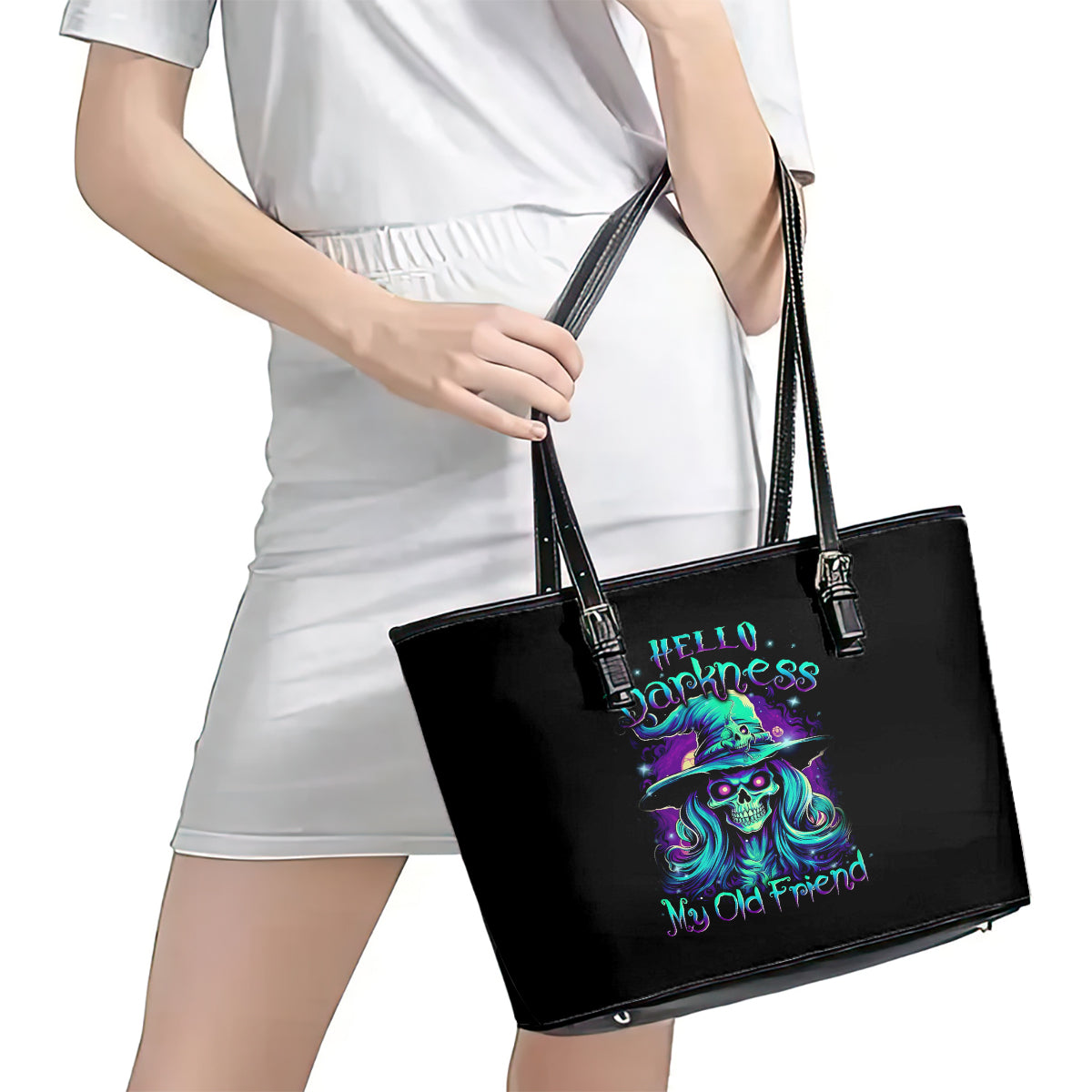Witch Skull Leather Tote Bag Skull Witch Hello Darkness My Old Friend DT01