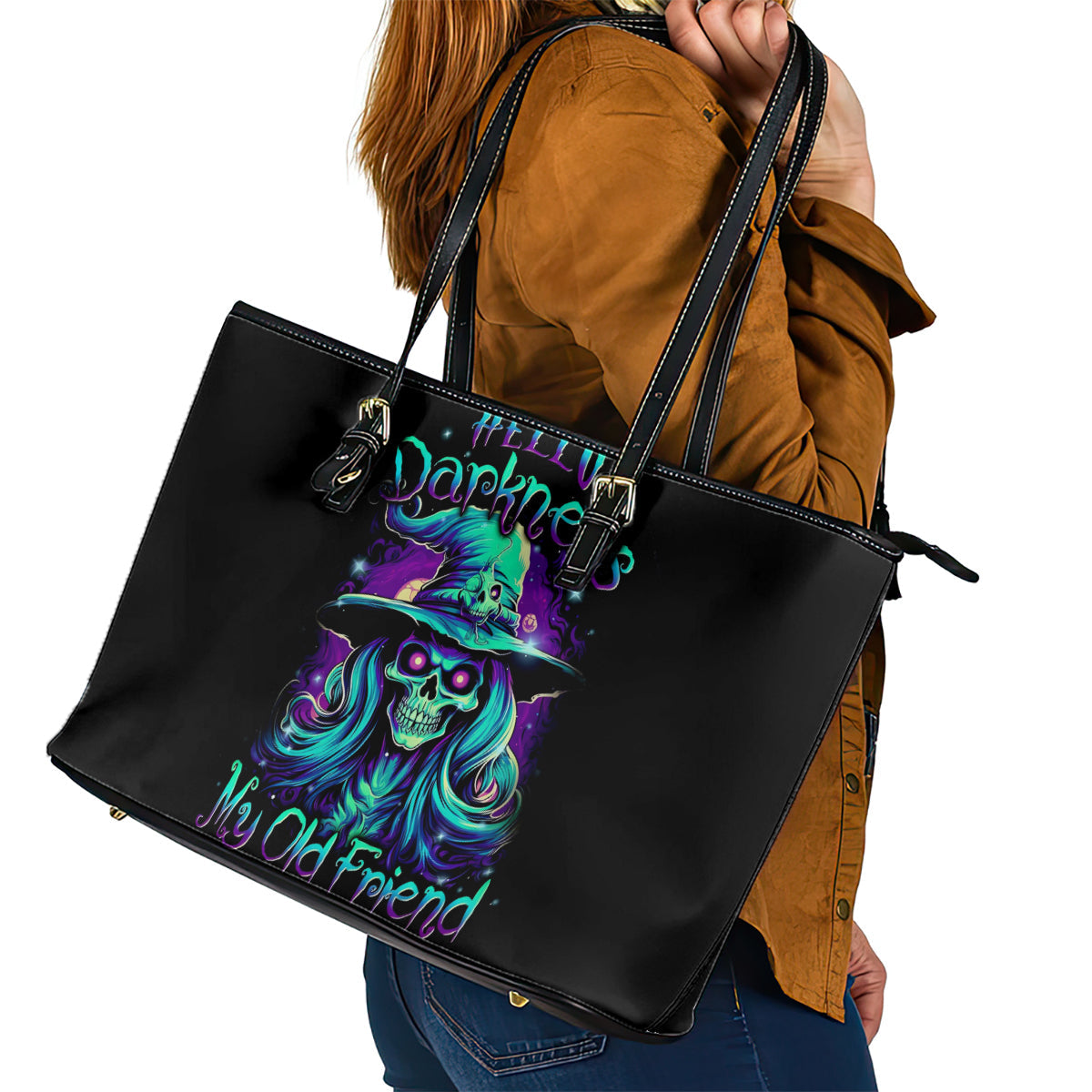 Witch Skull Leather Tote Bag Skull Witch Hello Darkness My Old Friend DT01