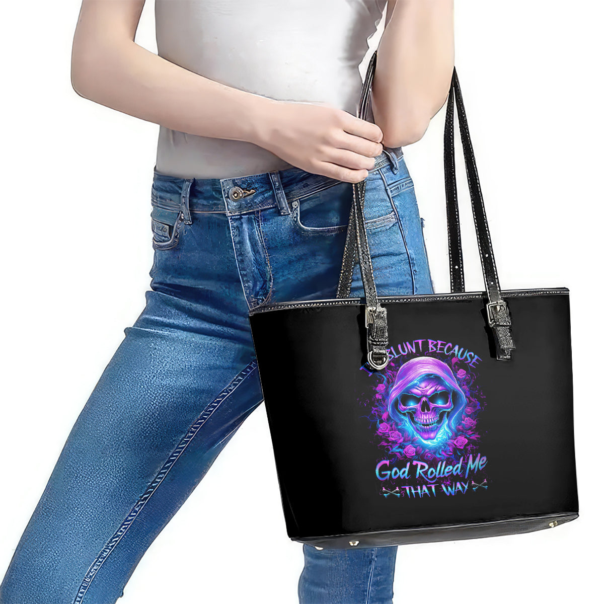 Rose Skull Leather Tote Bag I'm Blunt Because God Rolled Me That Way DT01