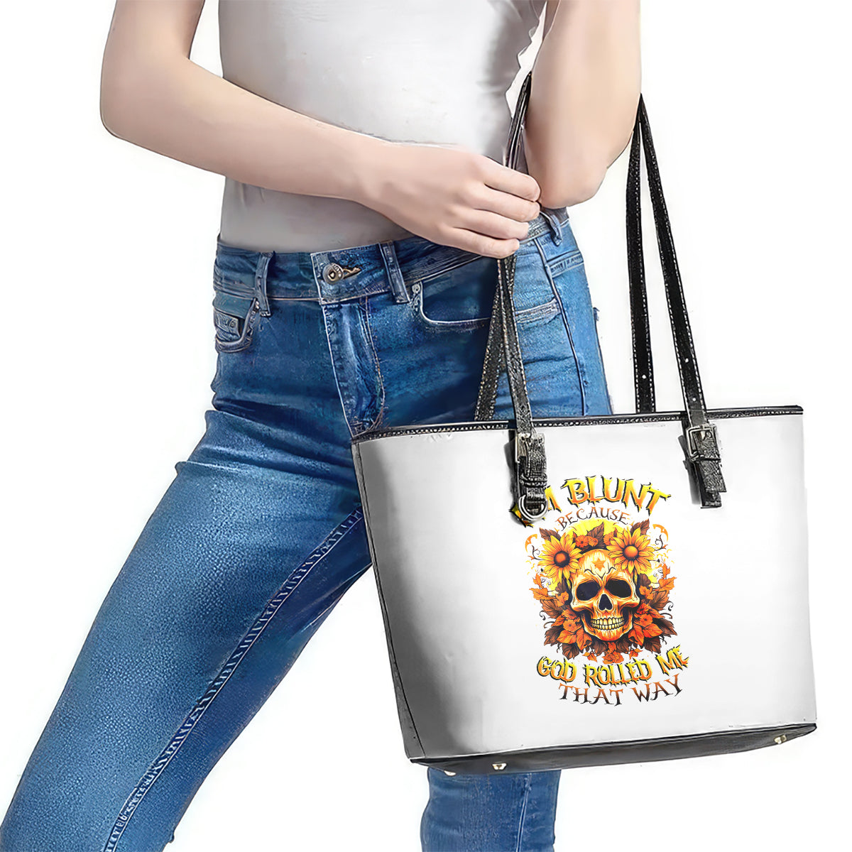 Sunflower Skull Leather Tote Bag Sunflower I'm Blunt Because God Rolled Me That Way DT01
