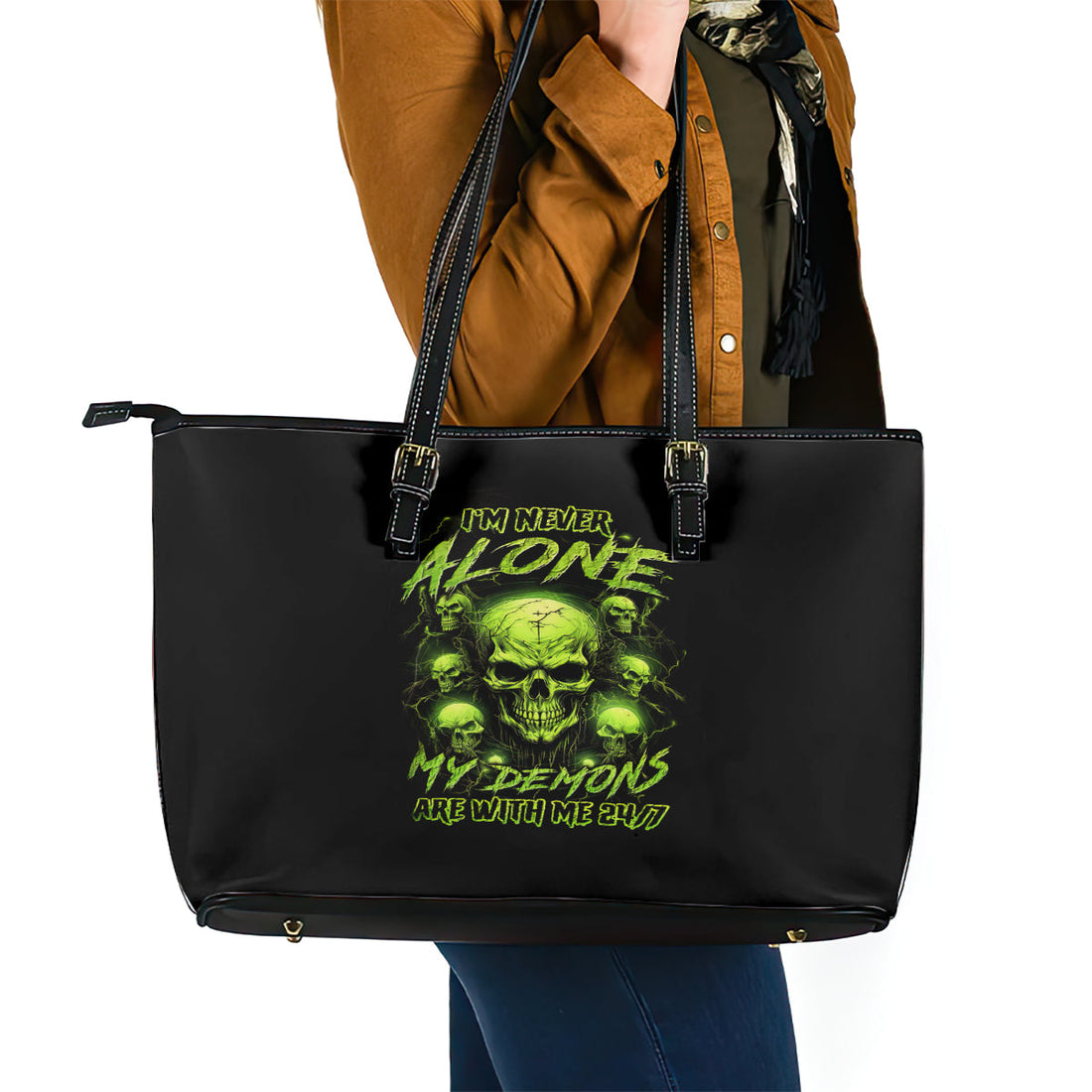Thunder Skull Leather Tote Bag Thunder Skull I Never Alone My Demon With Me 24/7 DT01