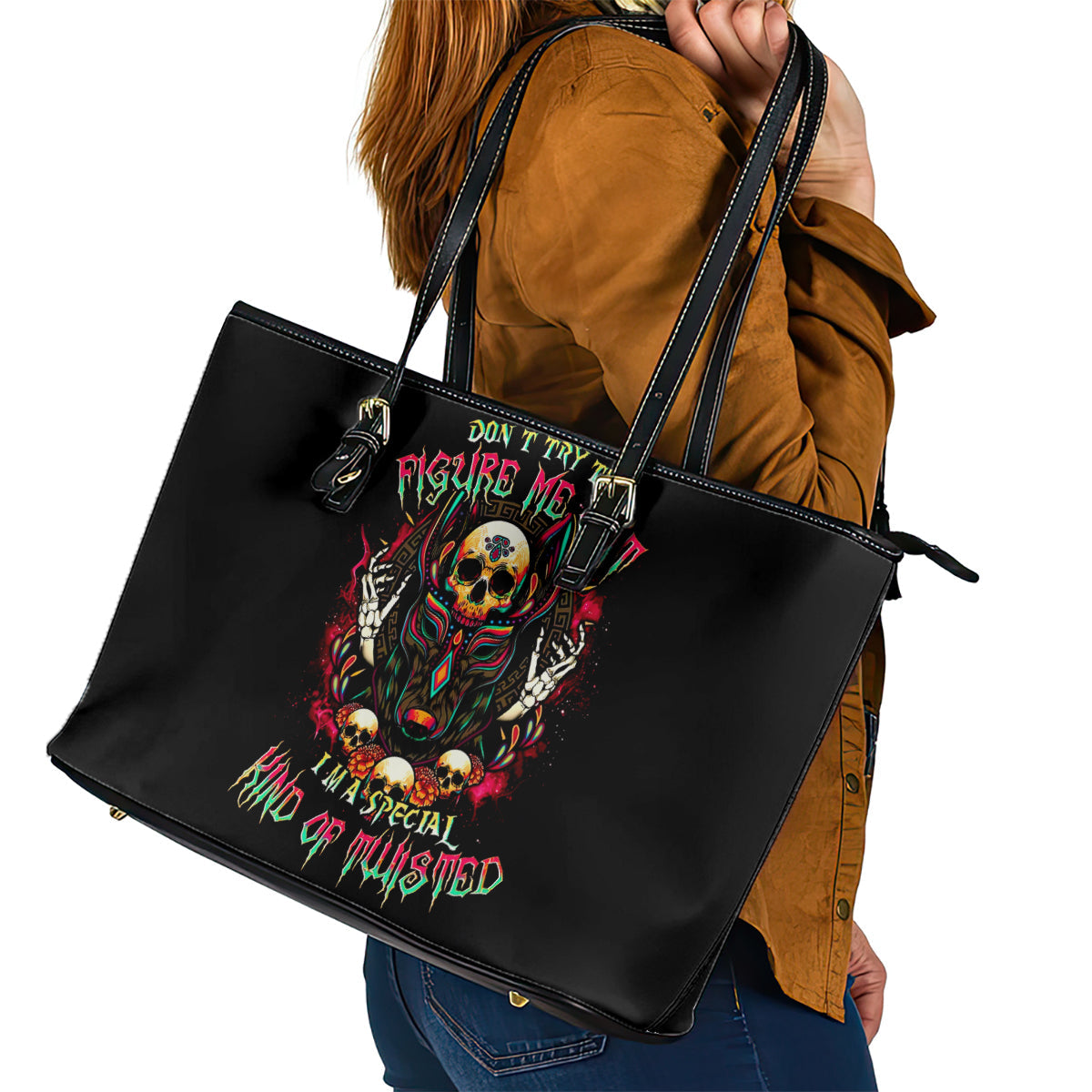 Anubis Skull Leather Tote Bag Skull Anubis Don't Try To Figured Me Out DT01