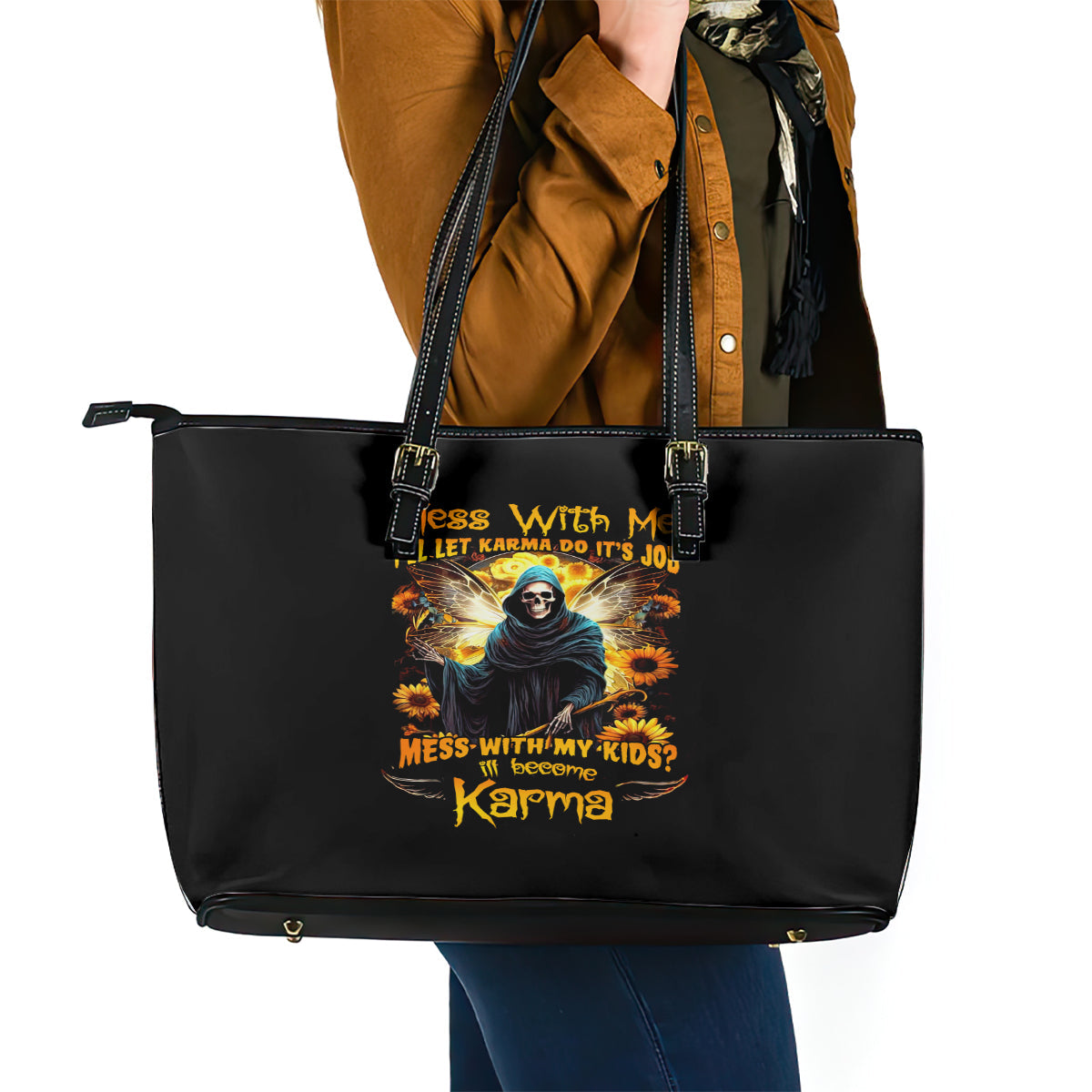 Fairy Death Skull Leather Tote Bag Mess With Me I'll Let Karma Do It's Job DT01