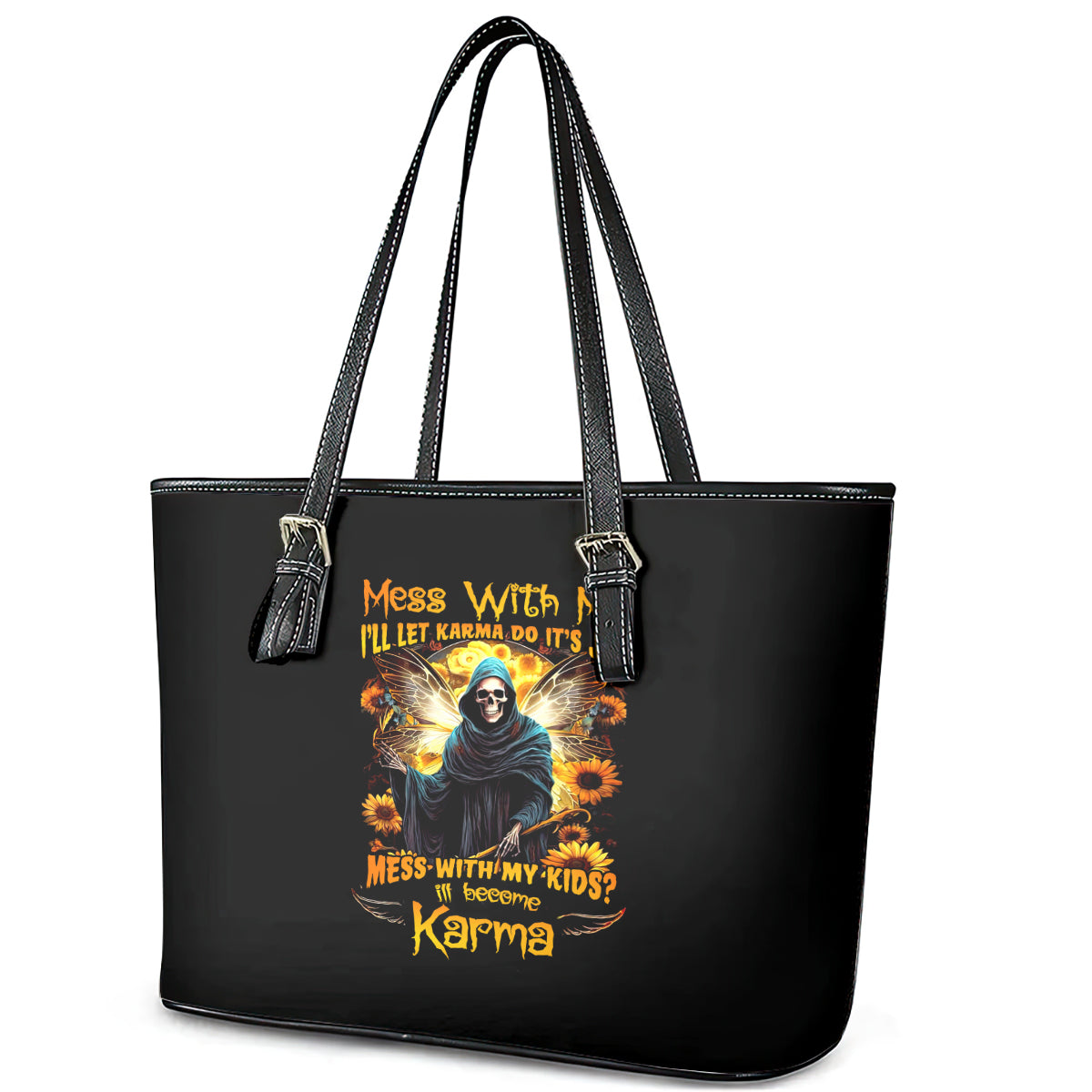 Fairy Death Skull Leather Tote Bag Mess With Me I'll Let Karma Do It's Job DT01