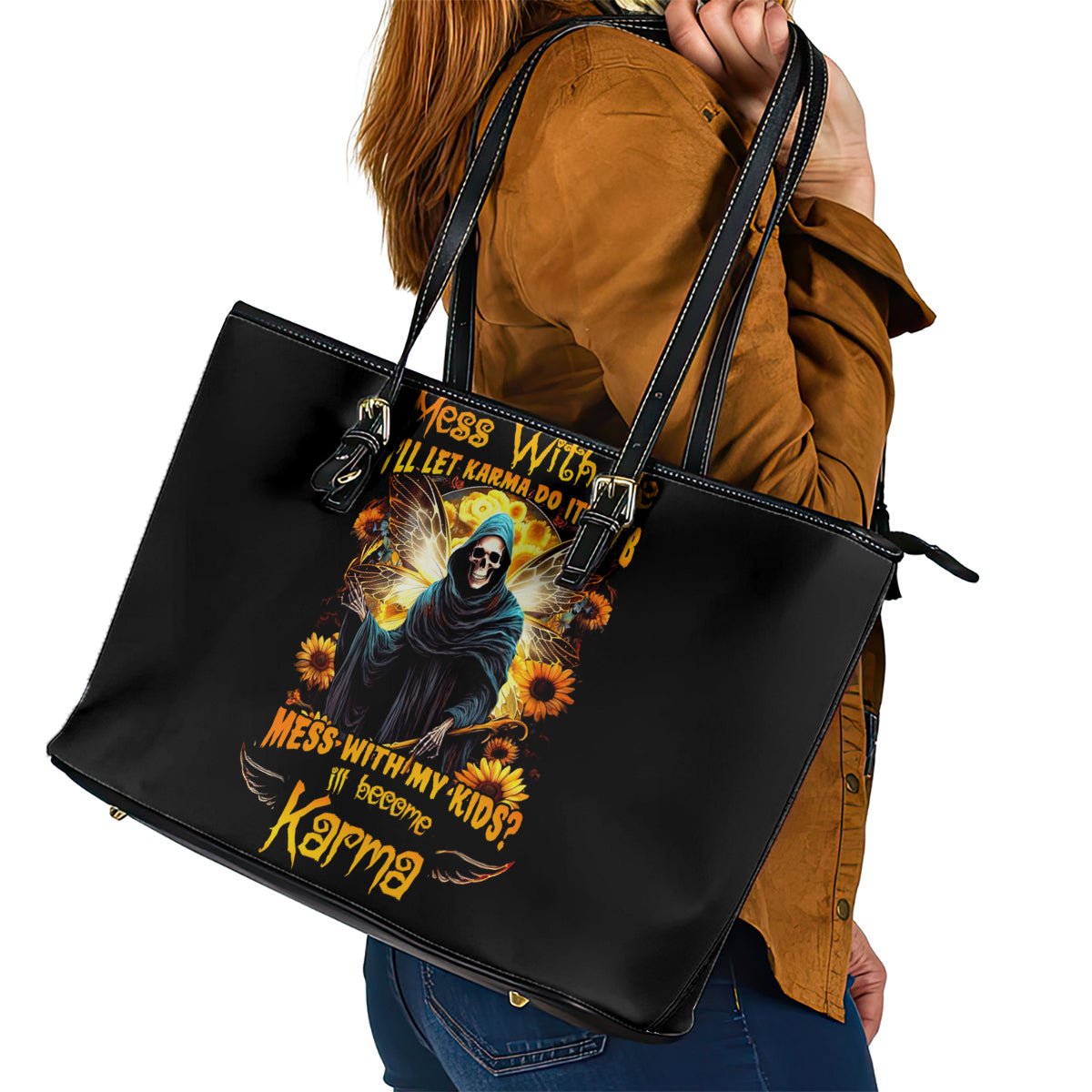 Fairy Death Skull Leather Tote Bag Mess With Me I'll Let Karma Do It's Job DT01