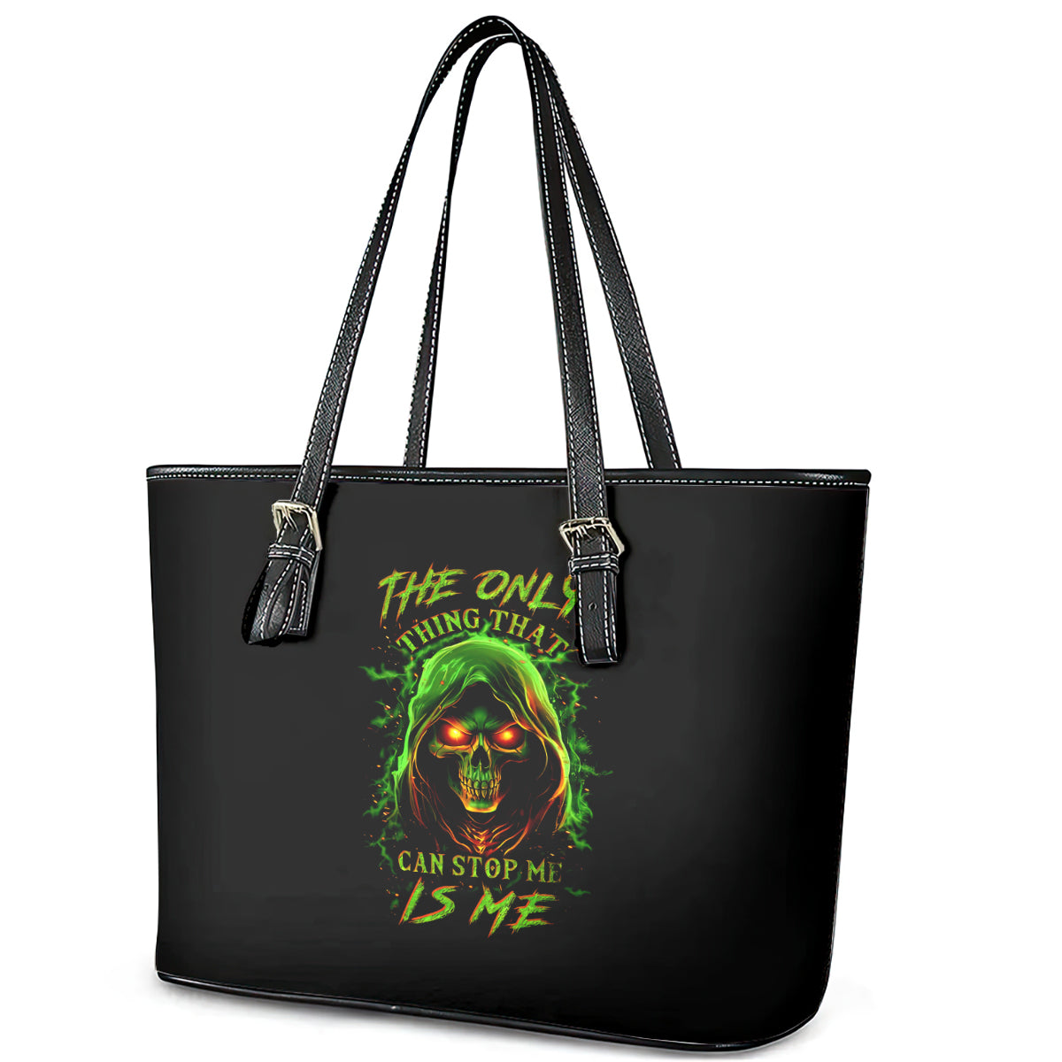 Fire Death Skull Leather Tote Bag The Only Thing That Can Stop Is Me DT01