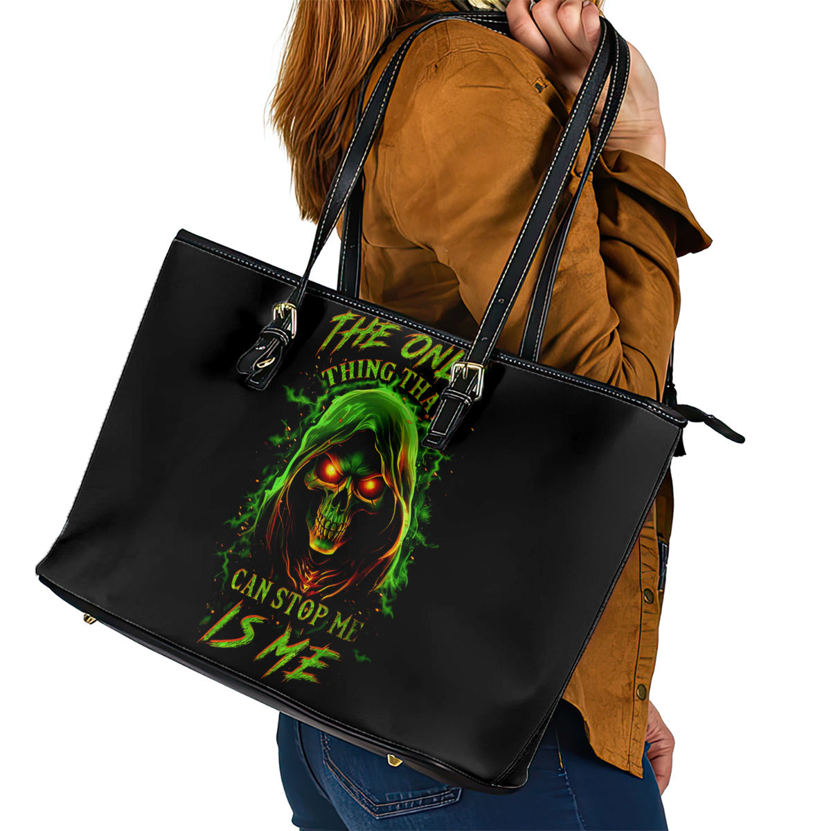 Fire Death Skull Leather Tote Bag The Only Thing That Can Stop Is Me DT01