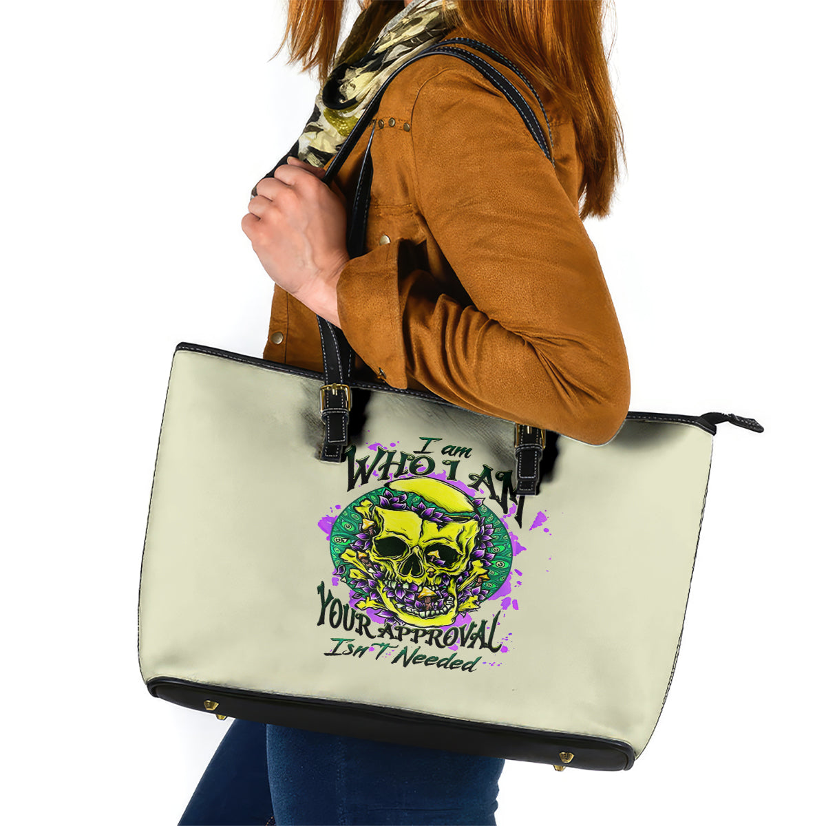 Flower Skull Leather Tote Bag Iam Who Iam Your Approval Isn't Need DT01