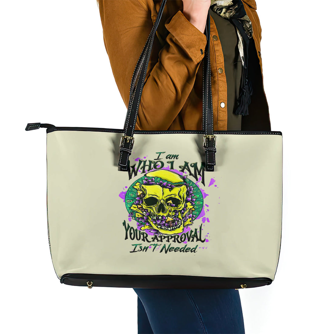 Flower Skull Leather Tote Bag Iam Who Iam Your Approval Isn't Need DT01