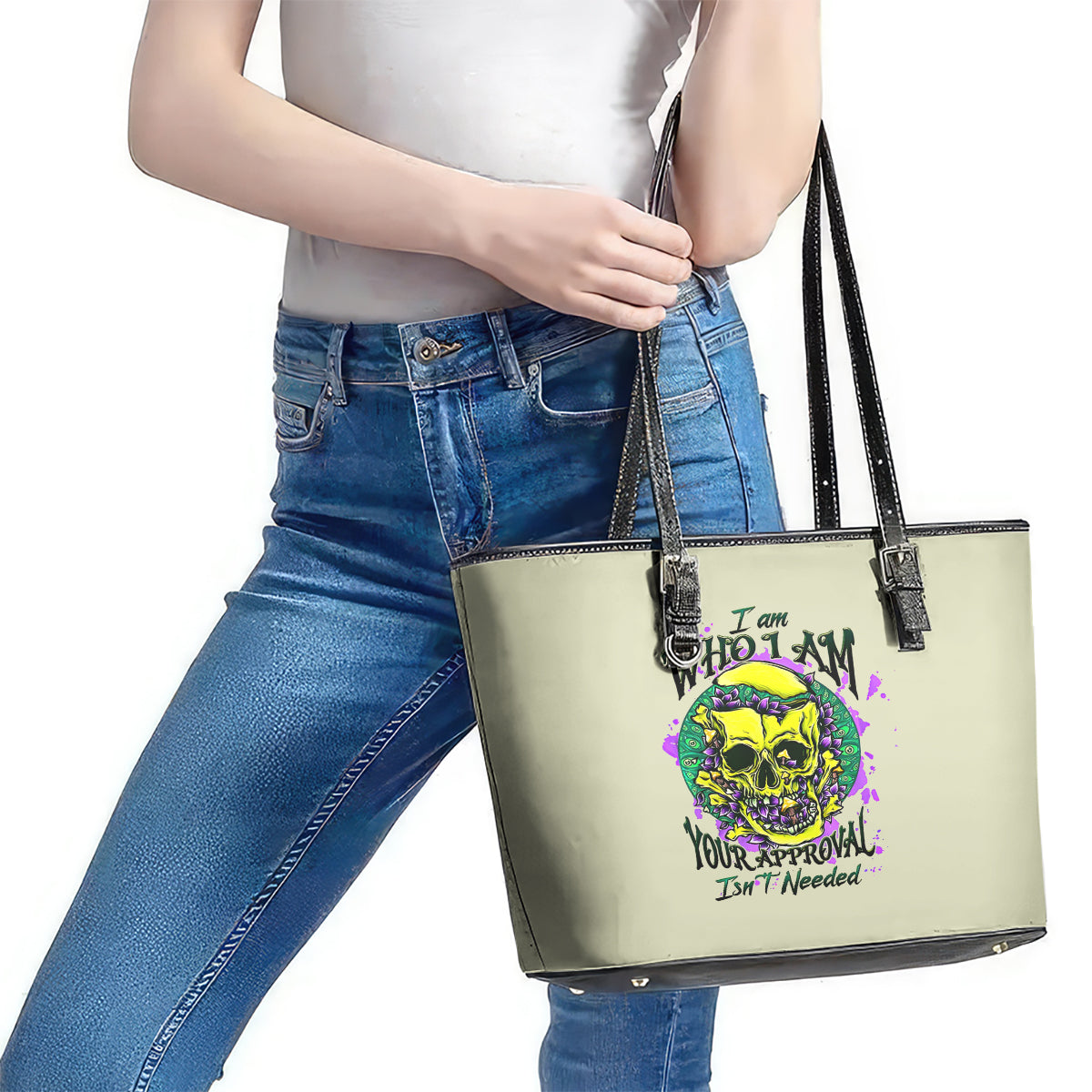 Flower Skull Leather Tote Bag Iam Who Iam Your Approval Isn't Need DT01