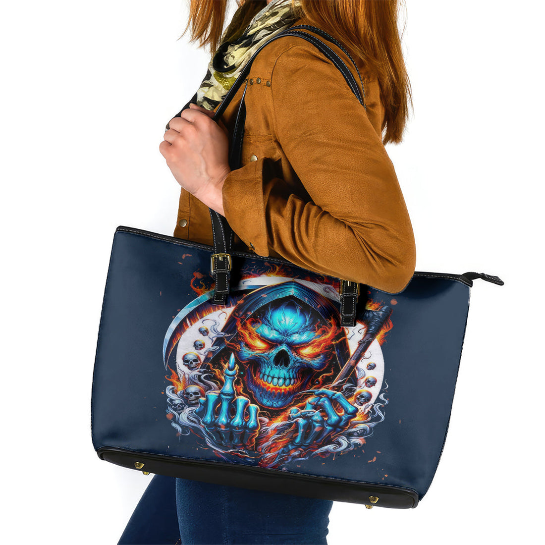 Reaper Skull Leather Tote Bag My Give A Fuck Is Broken But My Go Fuck Yourself Is Fully Functional DT01