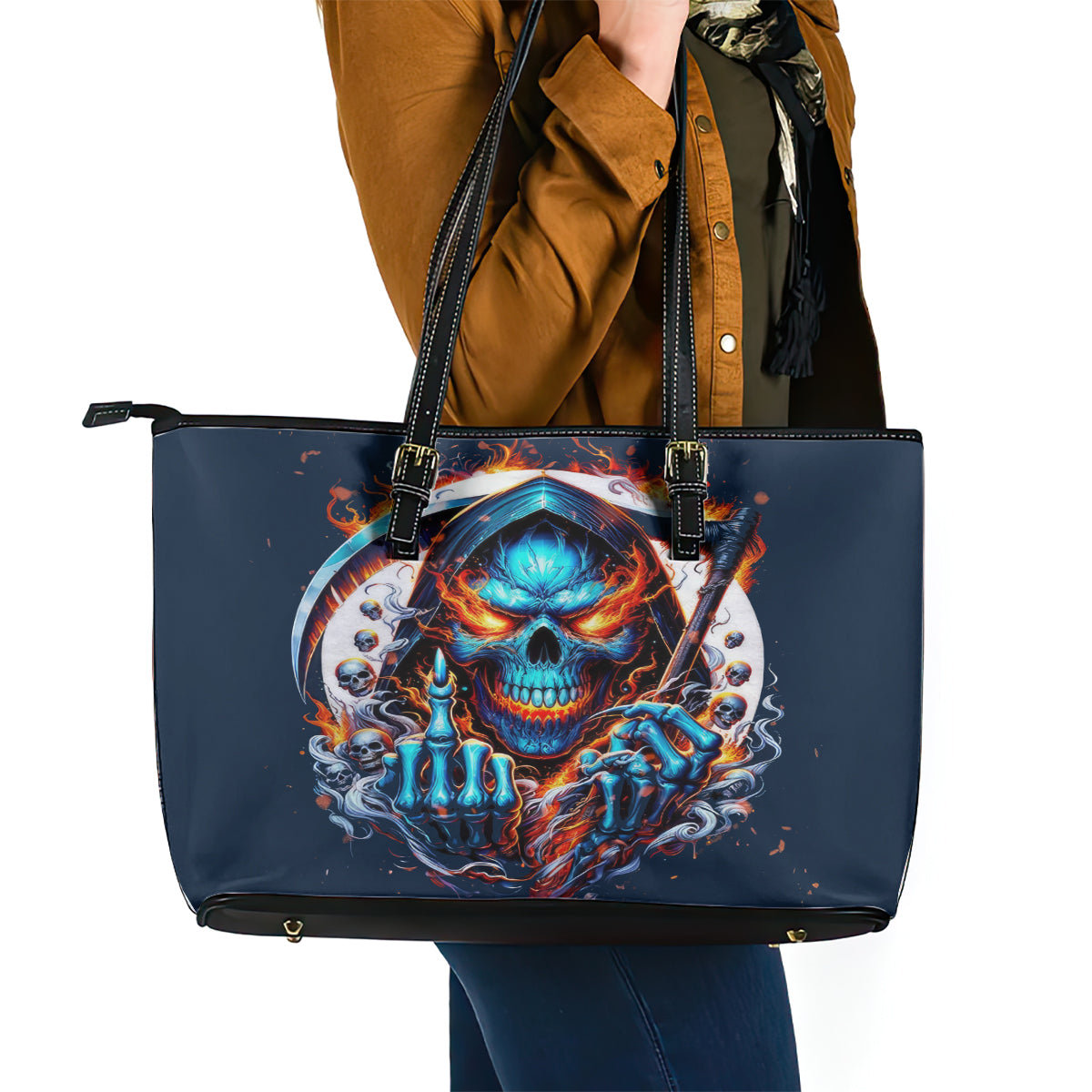 Reaper Skull Leather Tote Bag My Give A Fuck Is Broken But My Go Fuck Yourself Is Fully Functional DT01