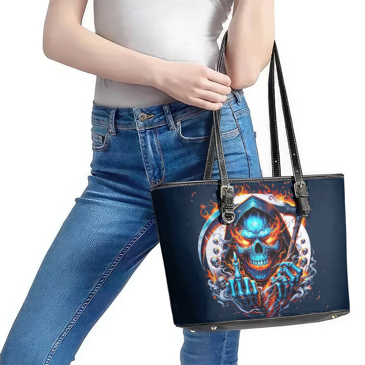 Reaper Skull Leather Tote Bag My Give A Fuck Is Broken But My Go Fuck Yourself Is Fully Functional DT01
