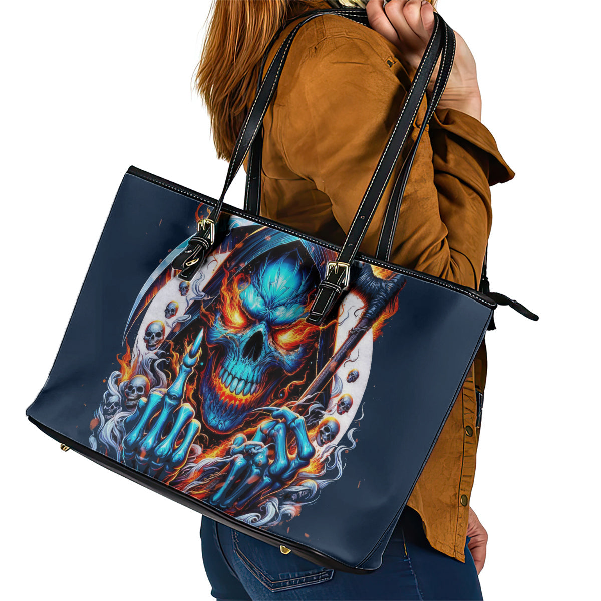 Reaper Skull Leather Tote Bag My Give A Fuck Is Broken But My Go Fuck Yourself Is Fully Functional DT01
