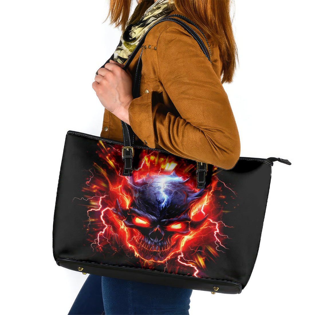 Flame Skull Leather Tote Bag I'm Never Alone My Demons Are With Me 24/7 DT01