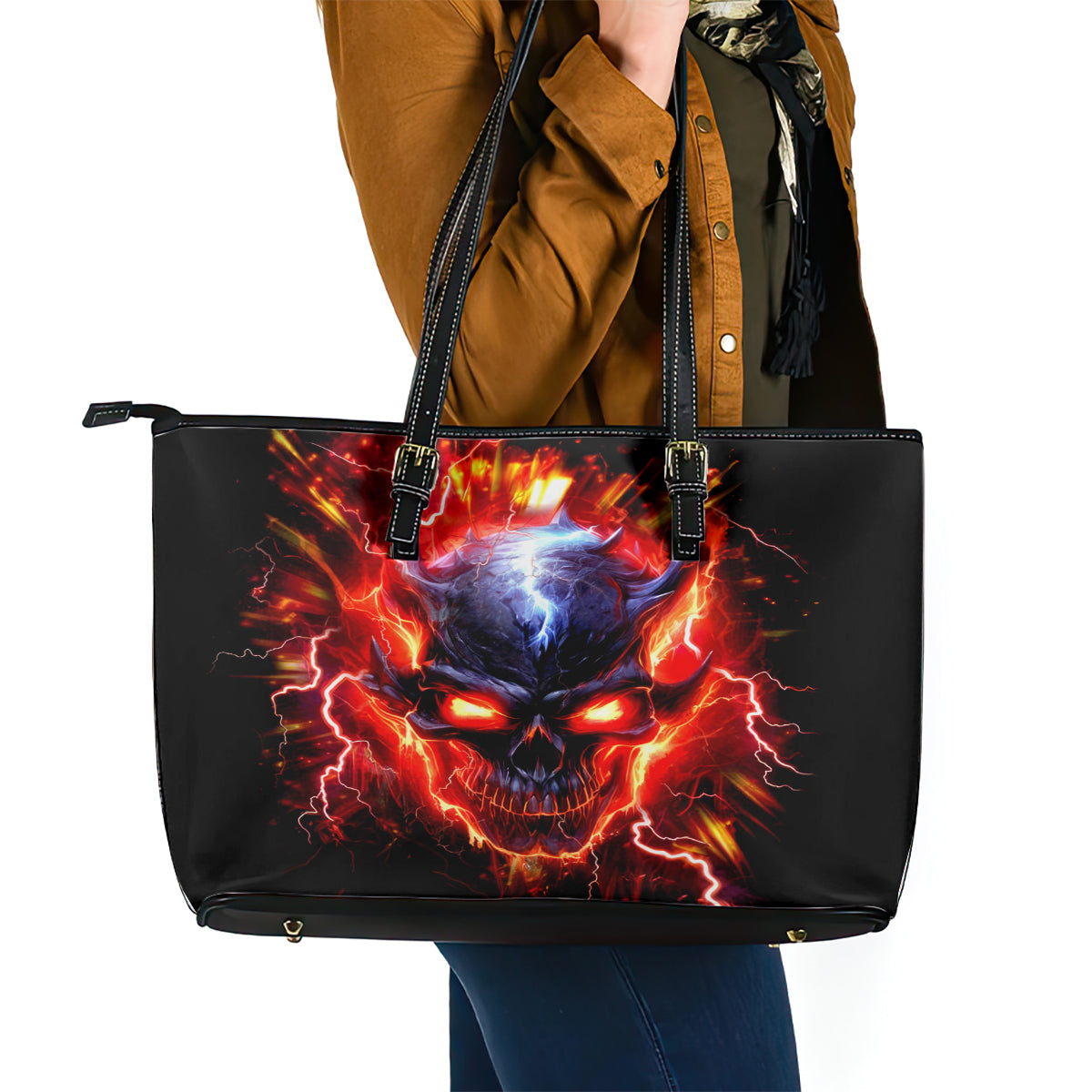Flame Skull Leather Tote Bag I'm Never Alone My Demons Are With Me 24/7 DT01