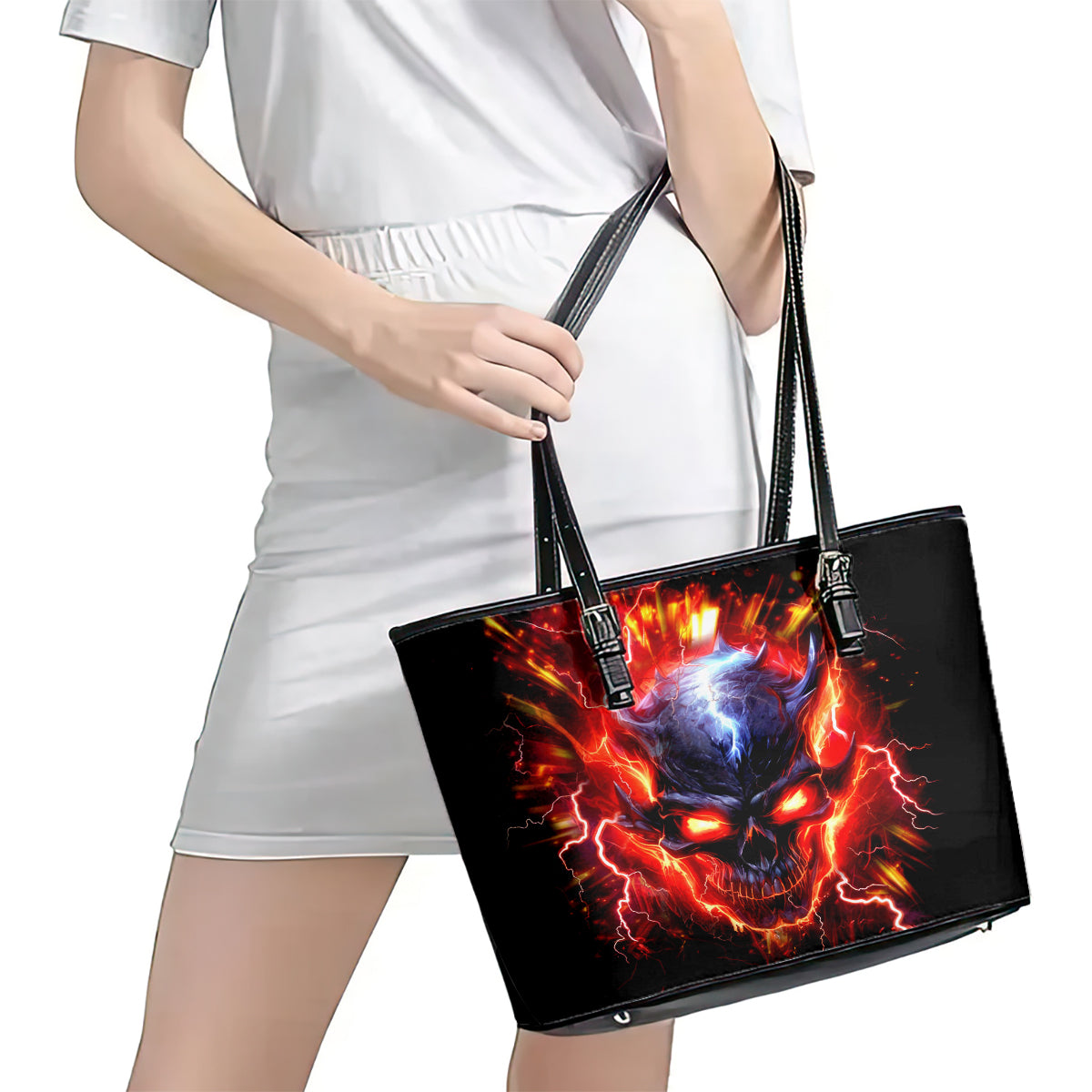 Flame Skull Leather Tote Bag I'm Never Alone My Demons Are With Me 24/7 DT01
