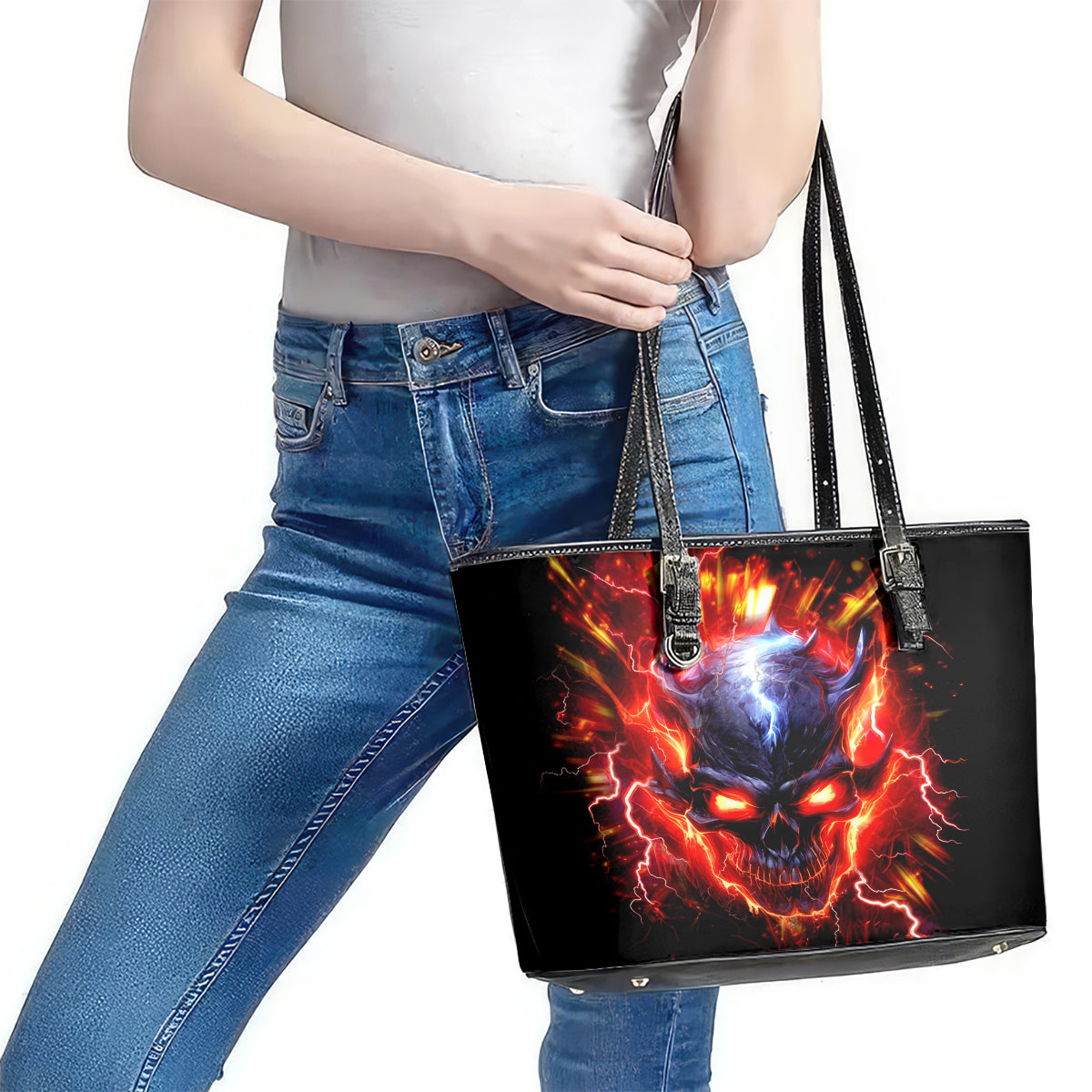 Flame Skull Leather Tote Bag I'm Never Alone My Demons Are With Me 24/7 DT01