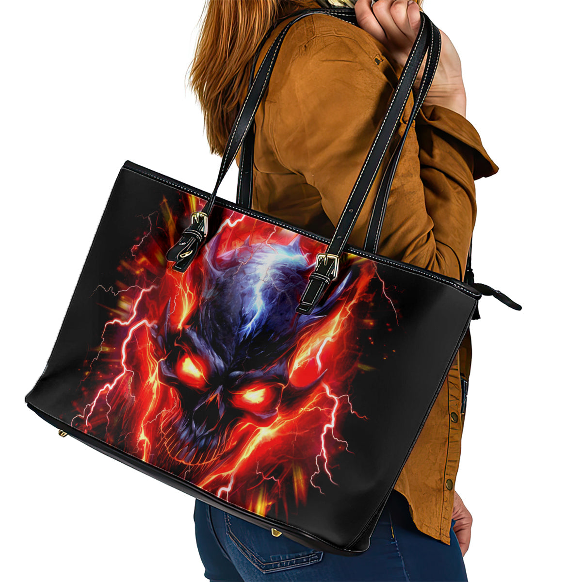 Flame Skull Leather Tote Bag I'm Never Alone My Demons Are With Me 24/7 DT01
