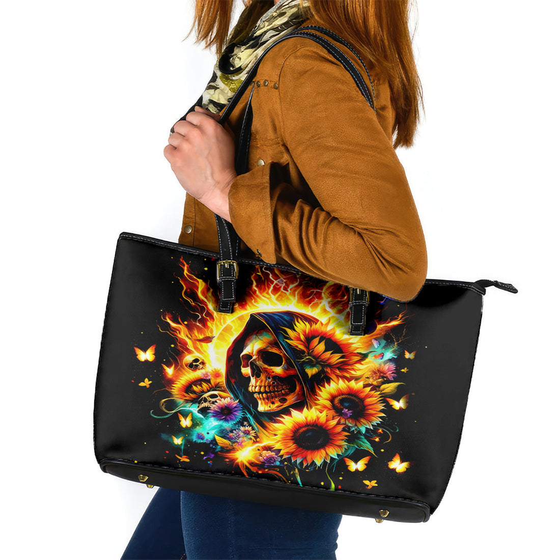 Sunflower Skull Leather Tote Bag She Is Sunshine Mixed With A Little Hurricane DT01