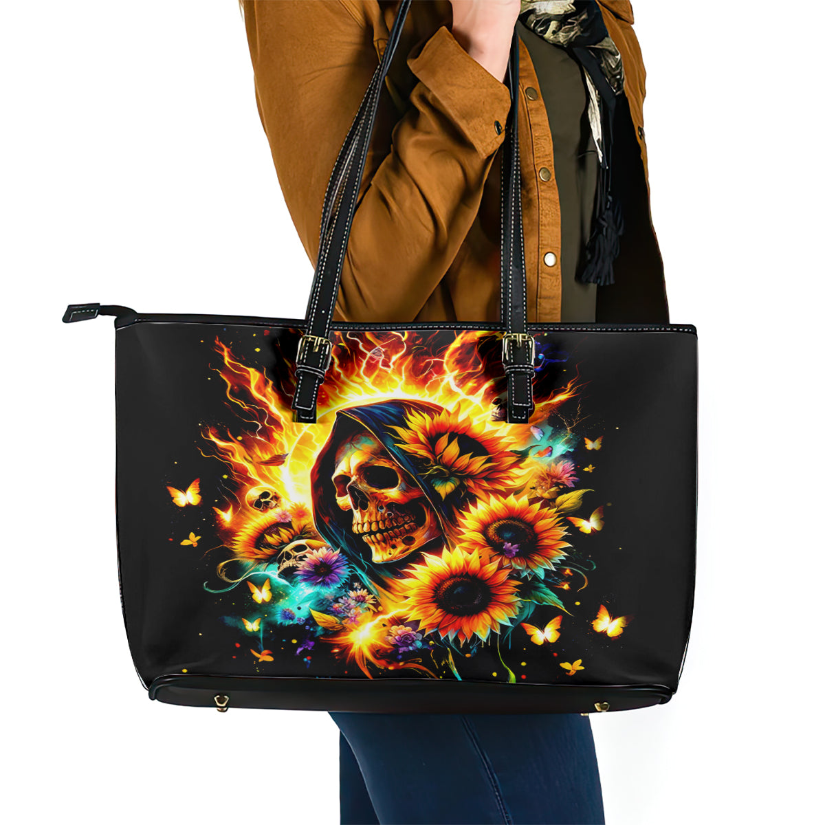 Sunflower Skull Leather Tote Bag She Is Sunshine Mixed With A Little Hurricane DT01