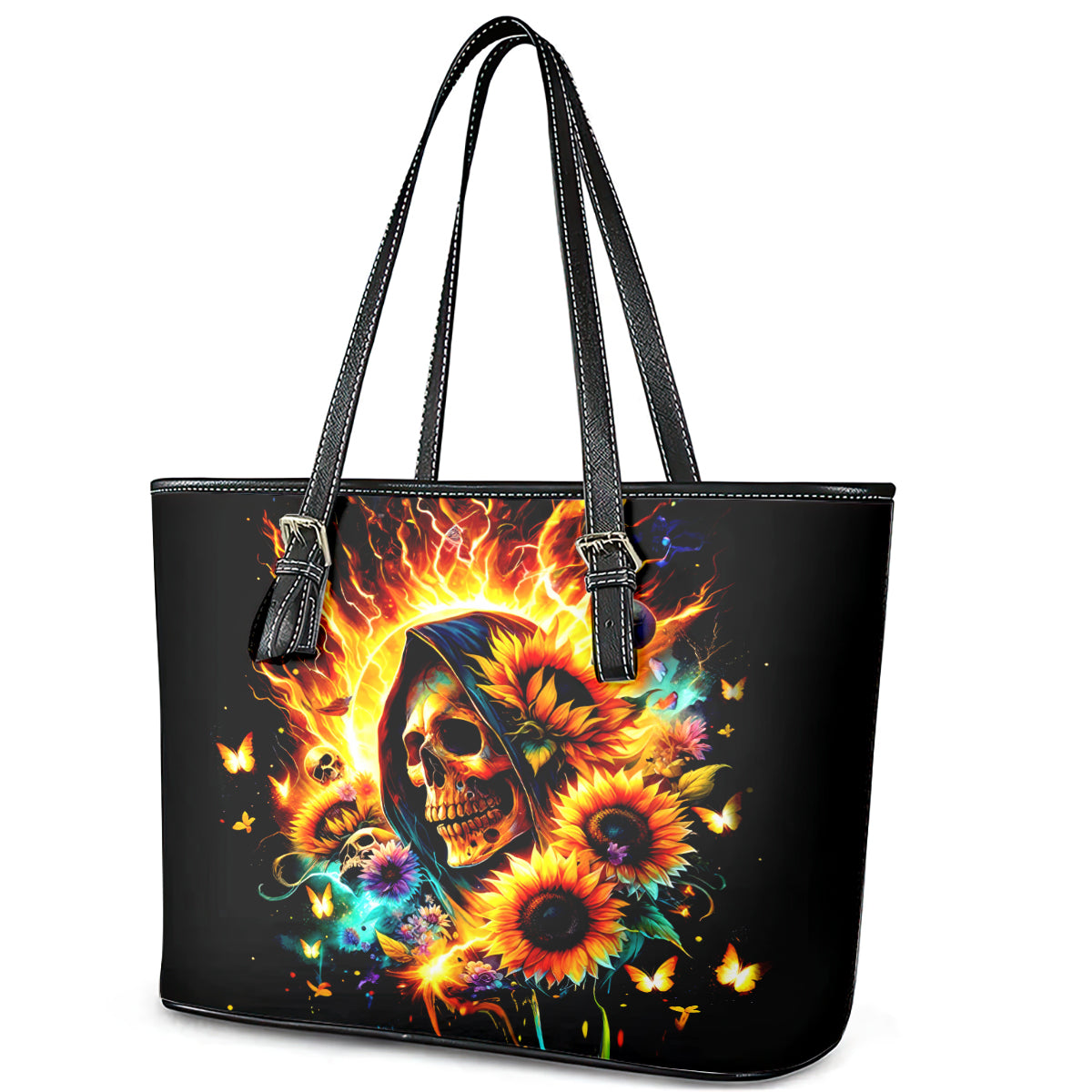 Sunflower Skull Leather Tote Bag She Is Sunshine Mixed With A Little Hurricane DT01