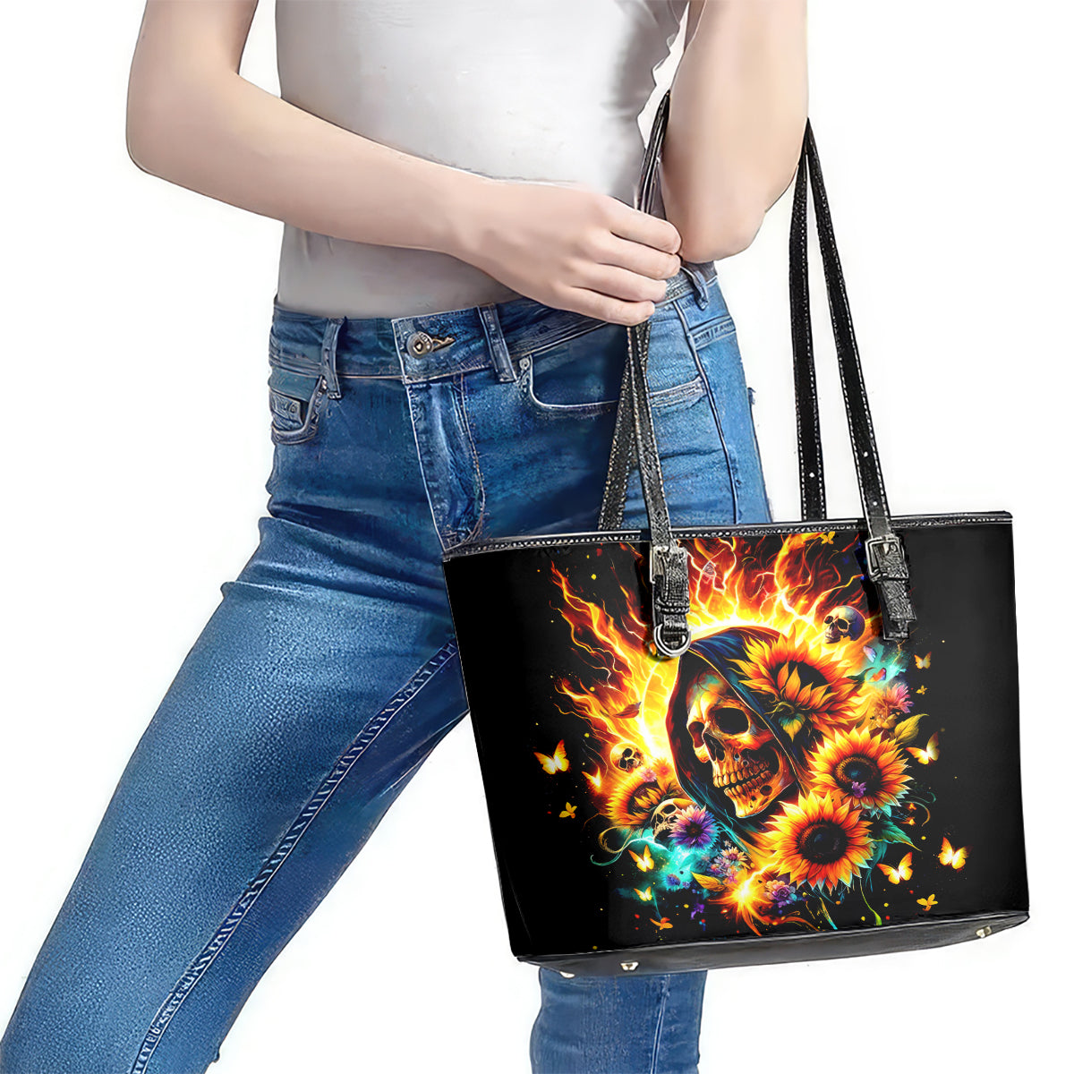 Sunflower Skull Leather Tote Bag She Is Sunshine Mixed With A Little Hurricane DT01