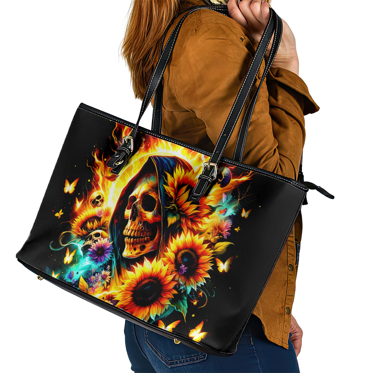 Sunflower Skull Leather Tote Bag She Is Sunshine Mixed With A Little Hurricane DT01