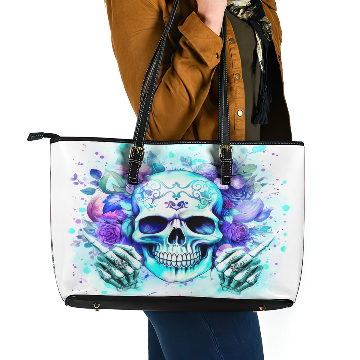 Rose SKull Leather Tote Bag My Give A Fuck Is Broken But My Go Fuck Yourself Is Fully Functional DT01