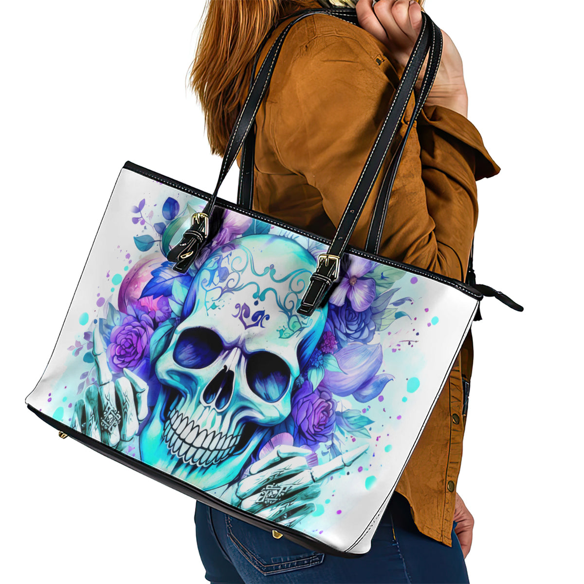 Rose SKull Leather Tote Bag My Give A Fuck Is Broken But My Go Fuck Yourself Is Fully Functional DT01