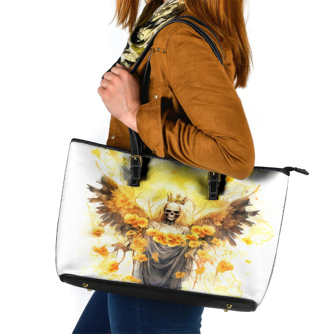 Flower Skull Angel Leather Tote Bag Bitch I'm The Fucking Queen DT01