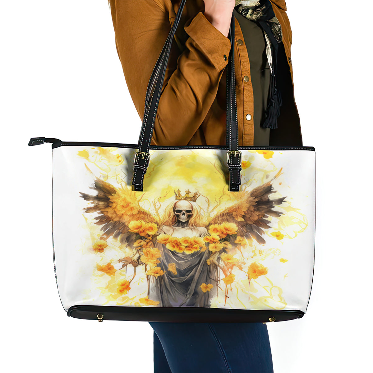 Flower Skull Angel Leather Tote Bag Bitch I'm The Fucking Queen DT01
