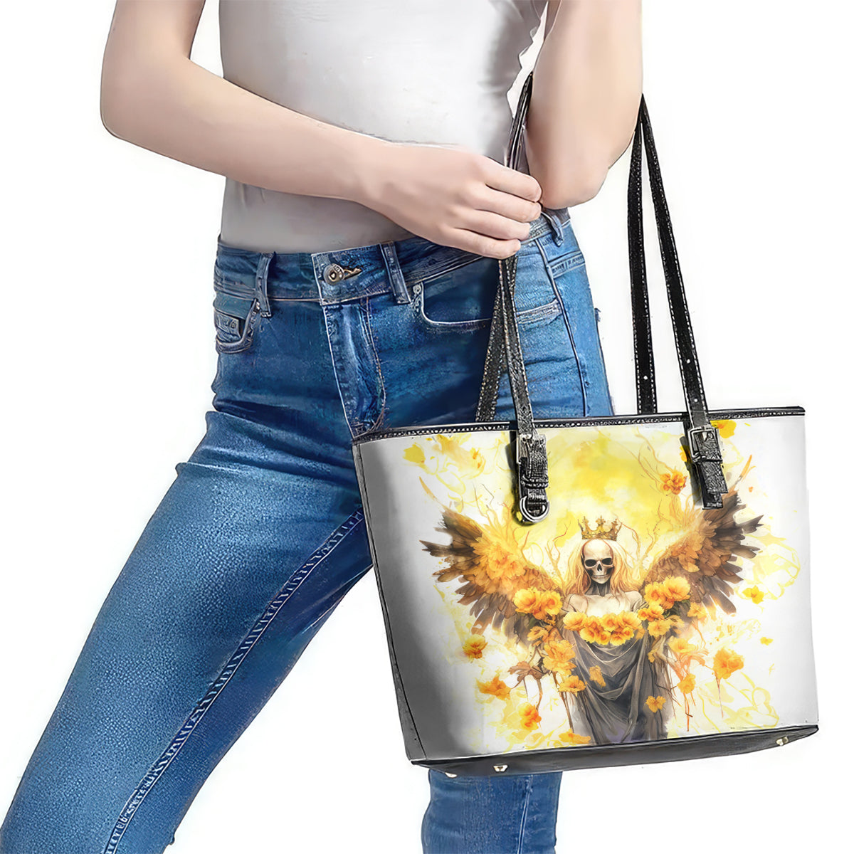 Flower Skull Angel Leather Tote Bag Bitch I'm The Fucking Queen DT01