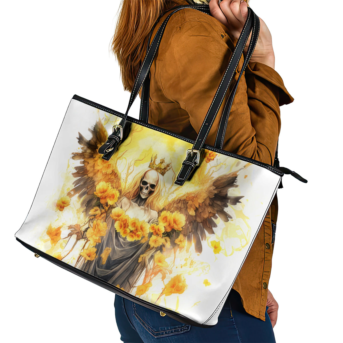 Flower Skull Angel Leather Tote Bag Bitch I'm The Fucking Queen DT01