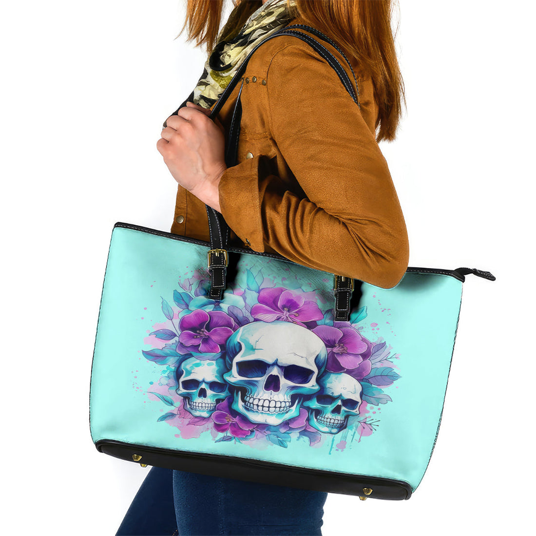 Flower Skull Angel Leather Tote Bag Stuck Between IDK IDC and IDGAF DT01