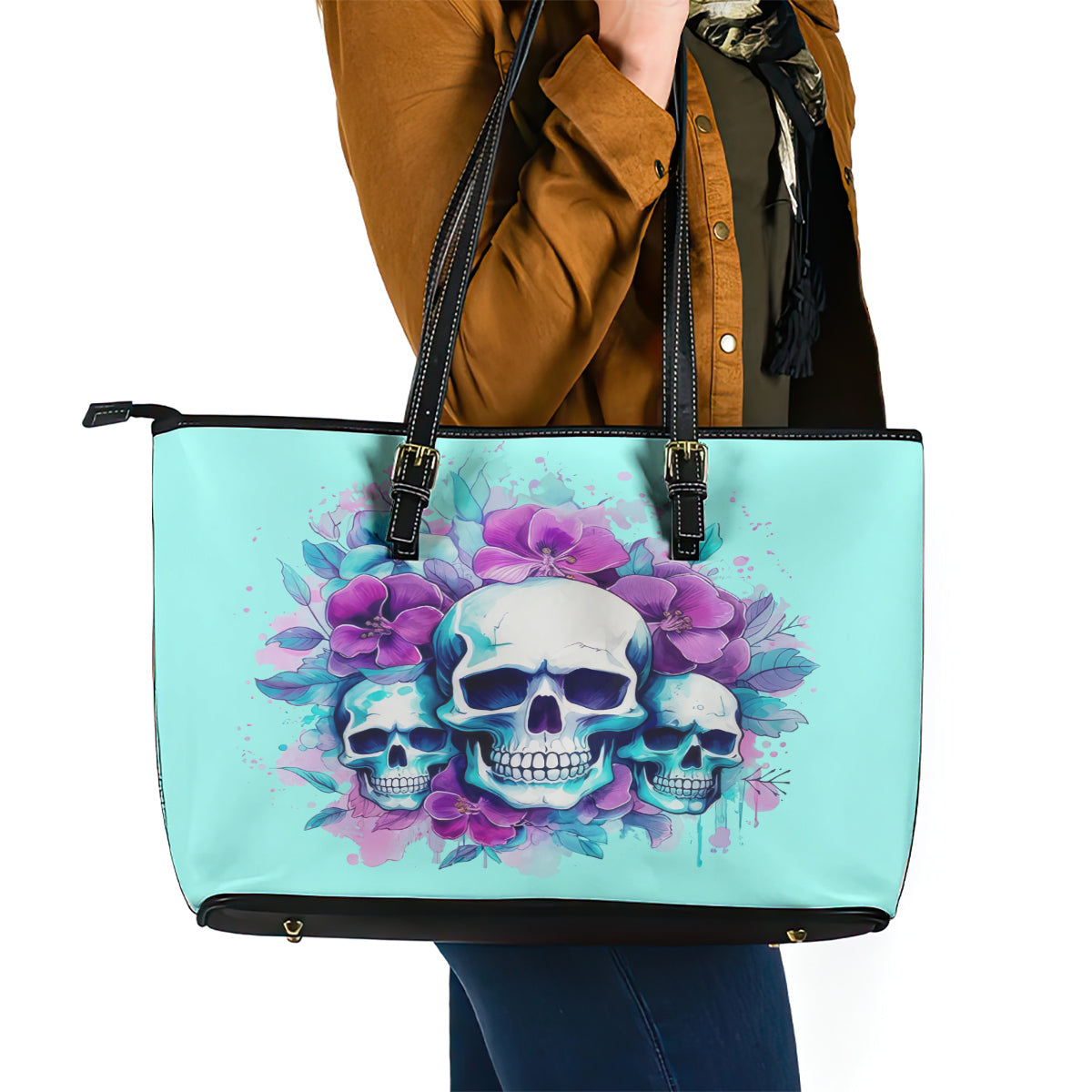 Flower Skull Angel Leather Tote Bag Stuck Between IDK IDC and IDGAF DT01