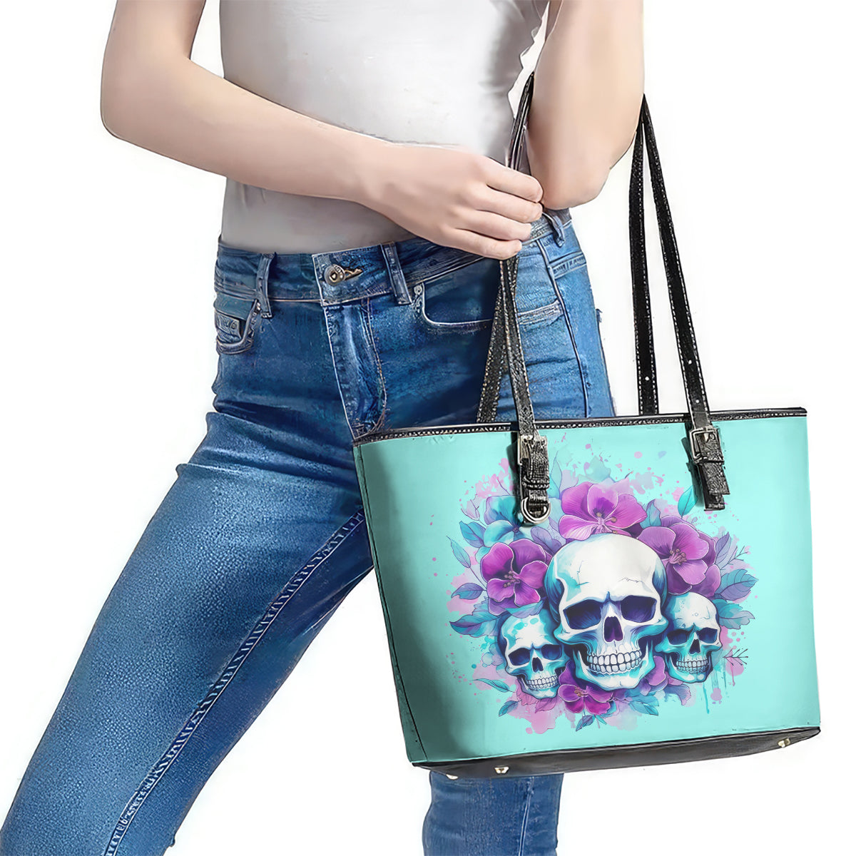 Flower Skull Angel Leather Tote Bag Stuck Between IDK IDC and IDGAF DT01