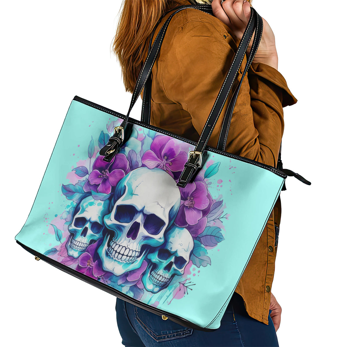 Flower Skull Angel Leather Tote Bag Stuck Between IDK IDC and IDGAF DT01