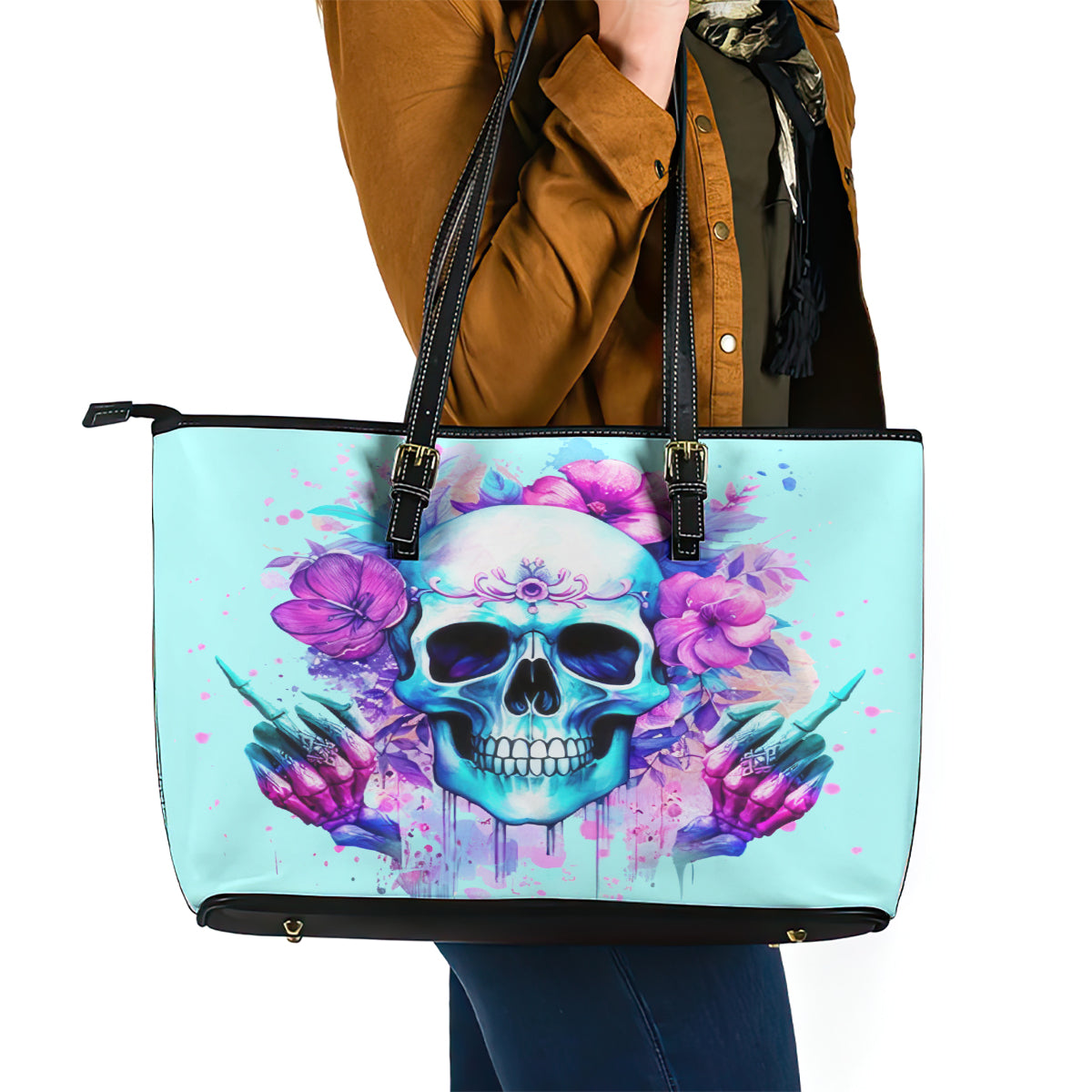 Flower Skull Angel Leather Tote Bag I'm A Bitch With A Flow Bullshit Tolerance DT01