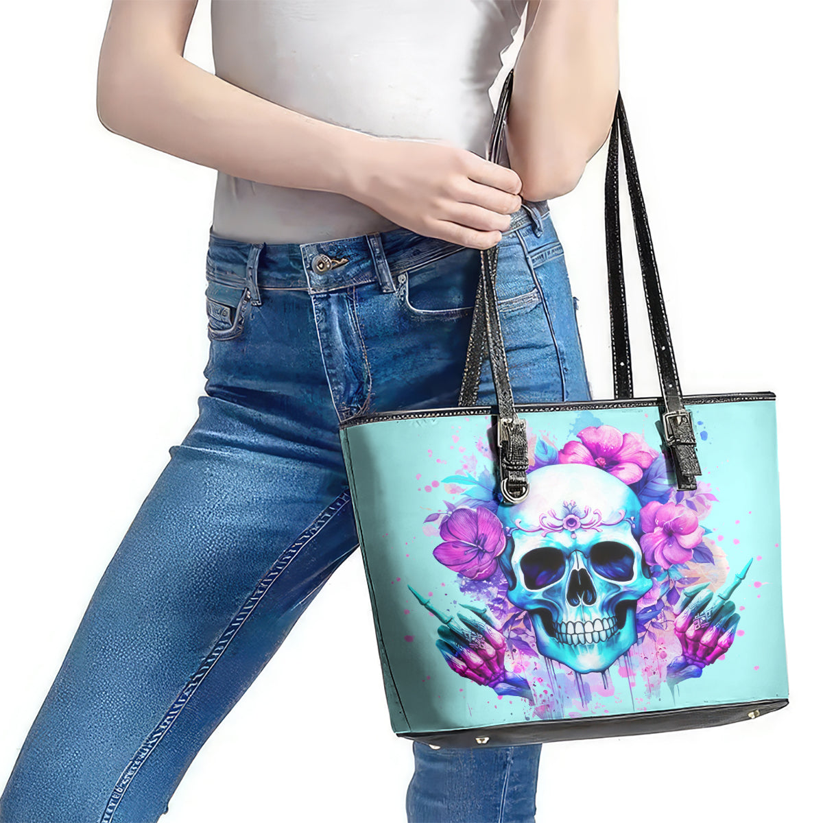 Flower Skull Angel Leather Tote Bag I'm A Bitch With A Flow Bullshit Tolerance DT01