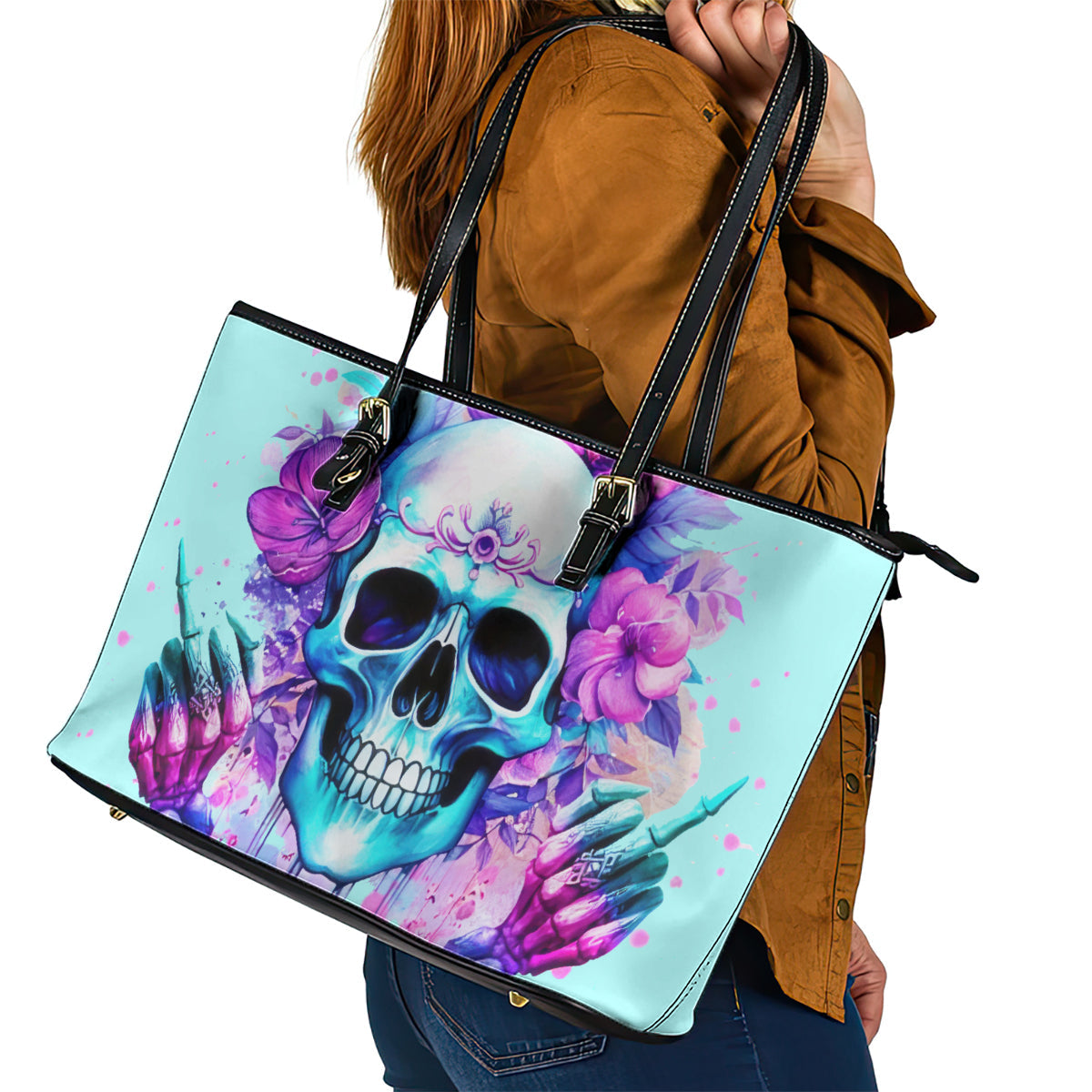 Flower Skull Angel Leather Tote Bag I'm A Bitch With A Flow Bullshit Tolerance DT01