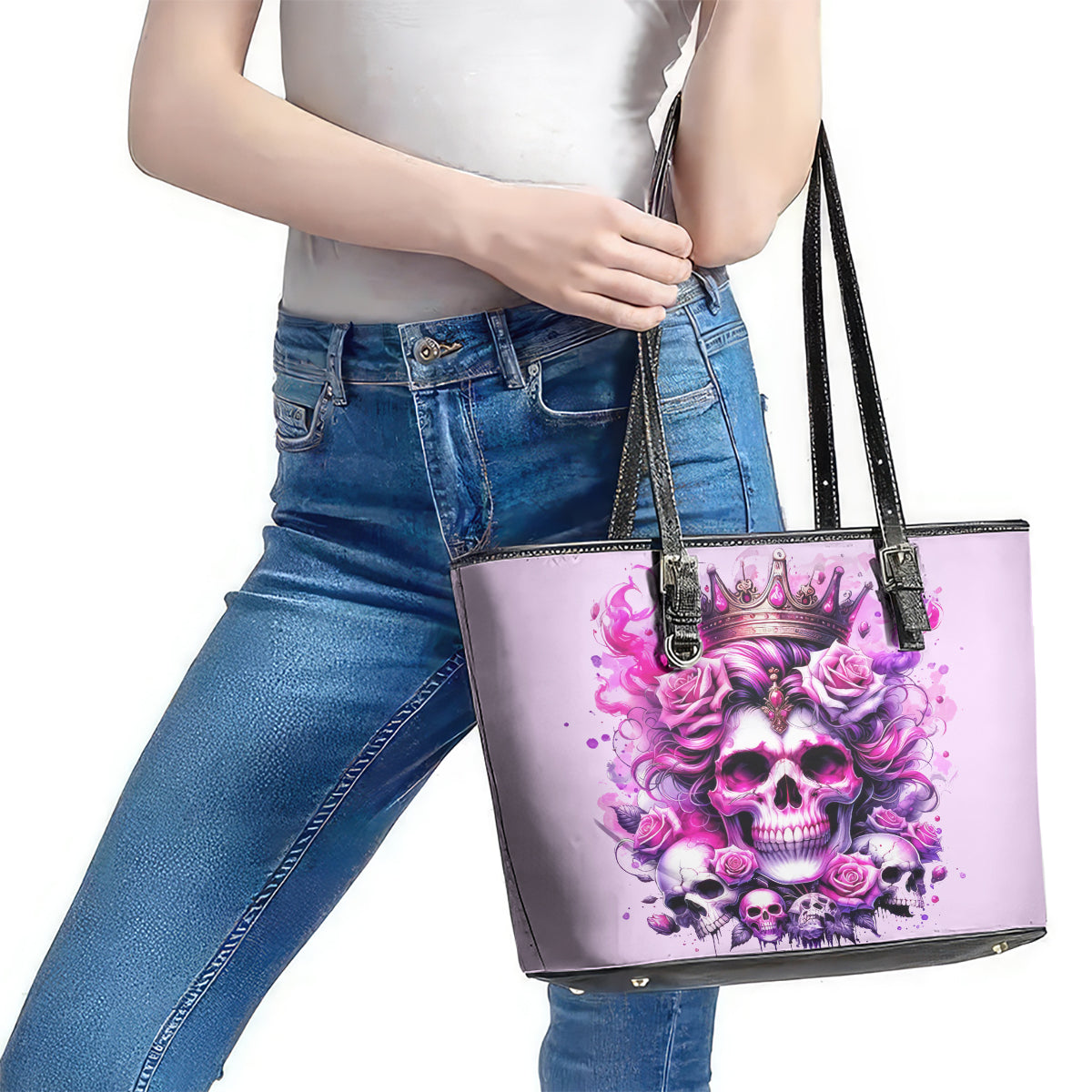 Rose Skull Leather Tote Bag Bitch I'm The Fucking Queen DT01