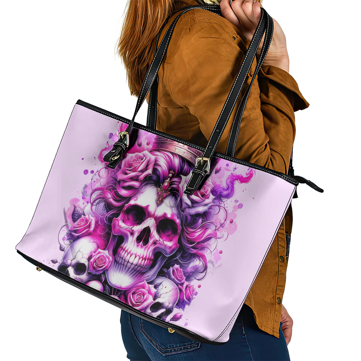Rose Skull Leather Tote Bag Bitch I'm The Fucking Queen DT01