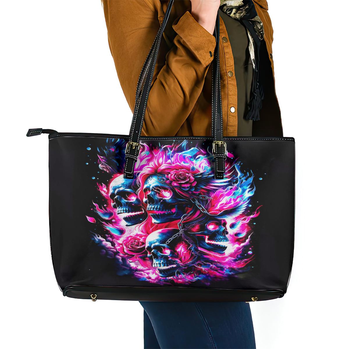 Flame Skull Leather Tote Bag The Good Girl In Me Got Tired Of The Bullshit DT01